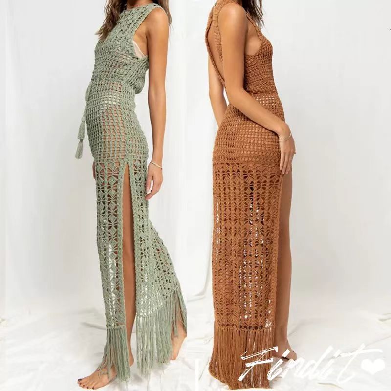 Women beach cover-up hollow lace tassel bikini dress