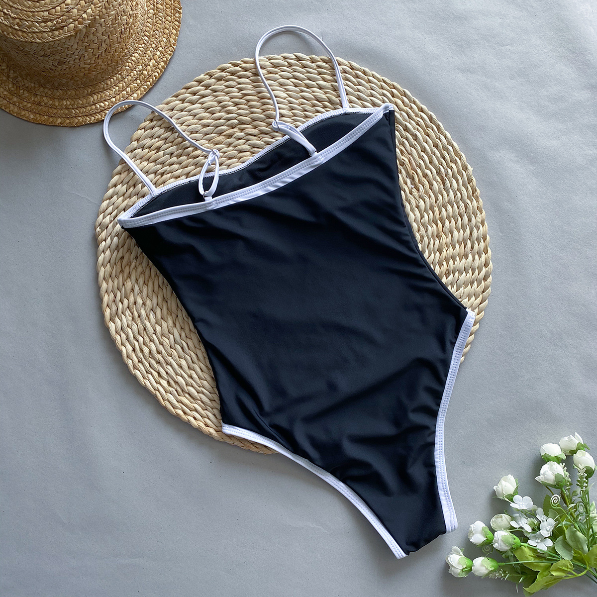 Women Contrast Color Strap One Piece Swimsuit