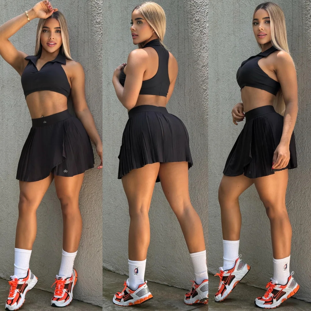 Women summer sports sleeveless v-neck and pleated Skirt two-piece set