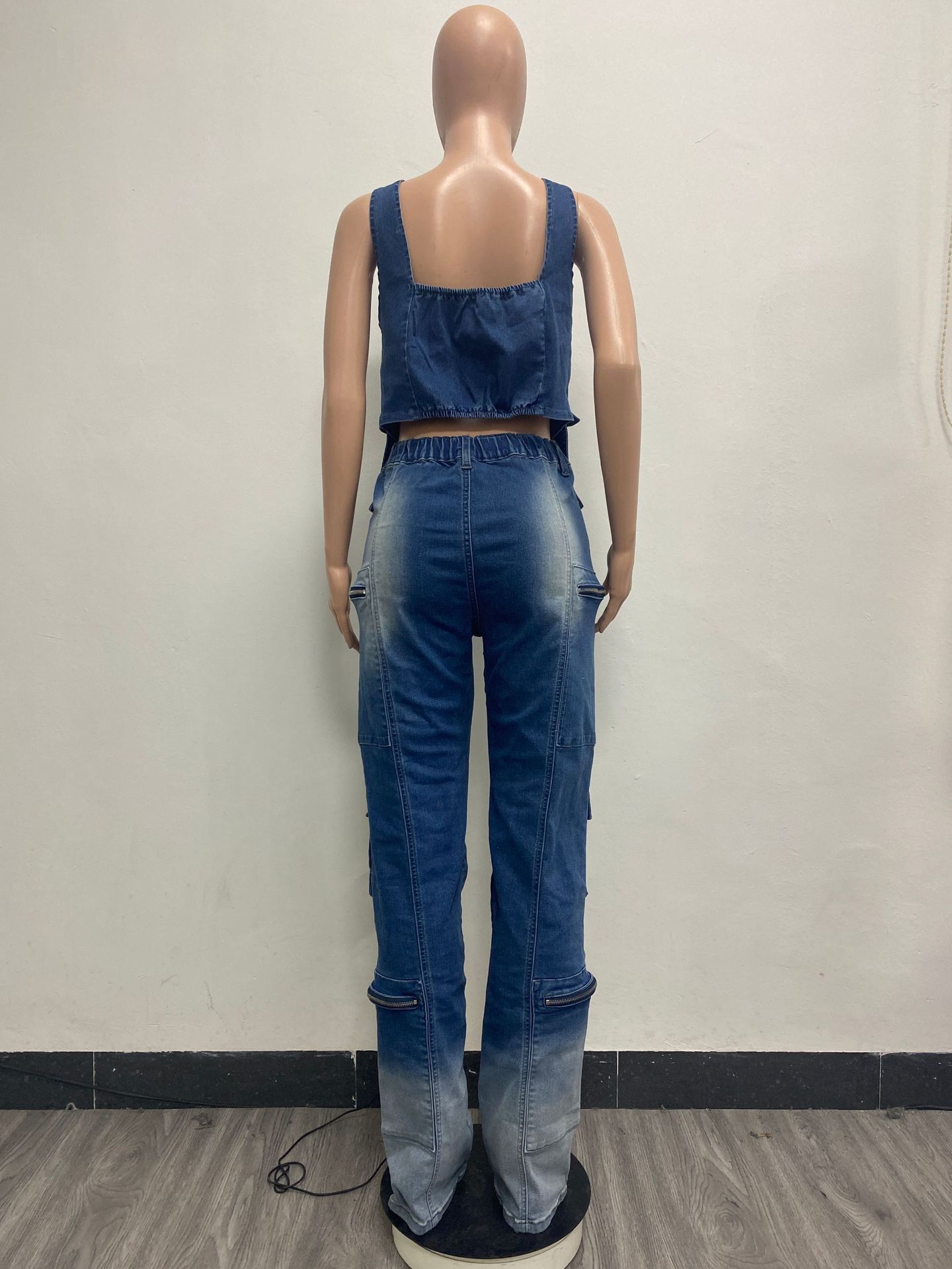 Women Casual Retro Vest and Multi-Pocket Wide Leg Pants Two-piece Set