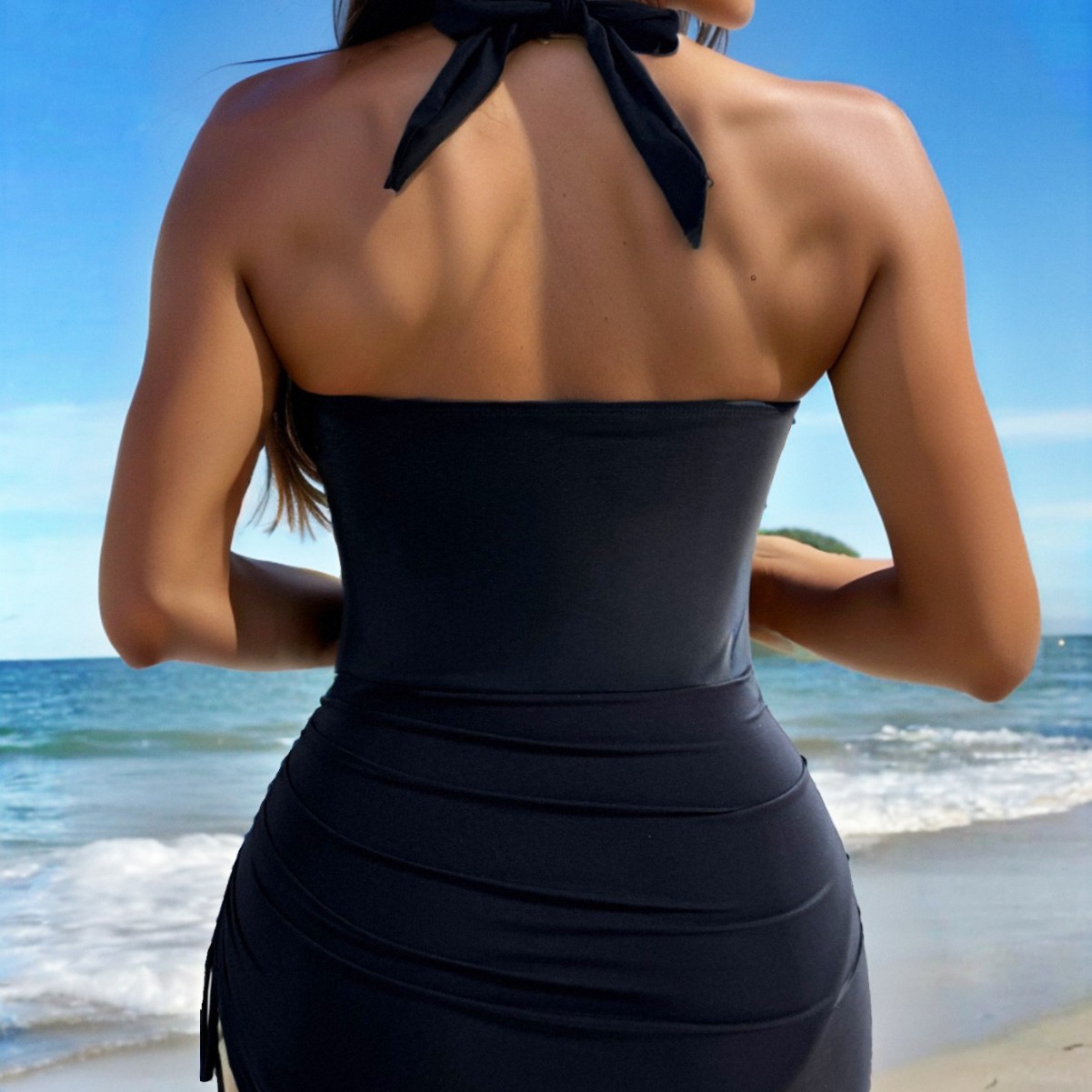 Women mesh patchwork drawstring sexy one-piece swimsuit