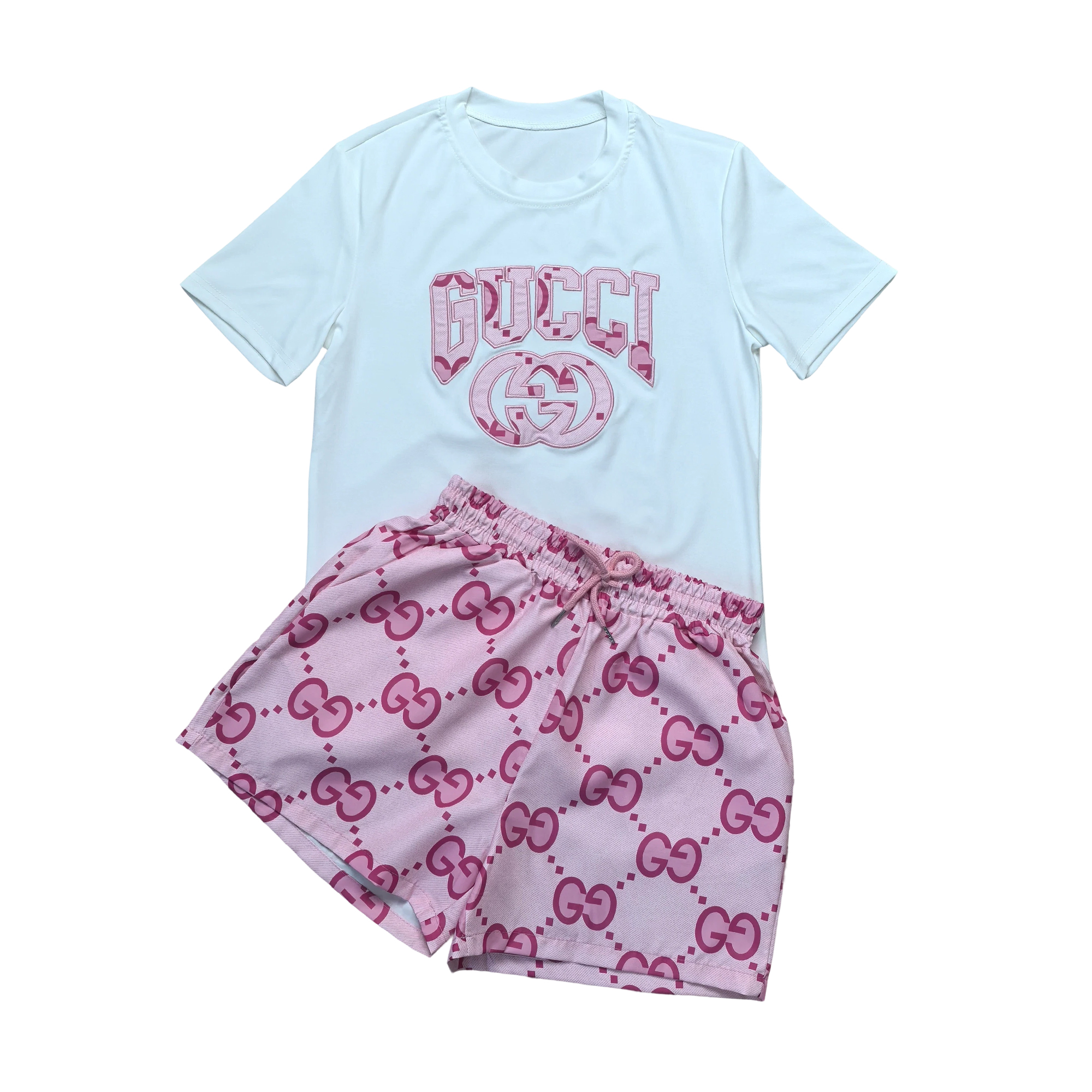 Women Summer Embroidered Printed Short Sleeve Top and Shorts Two-Piece Set