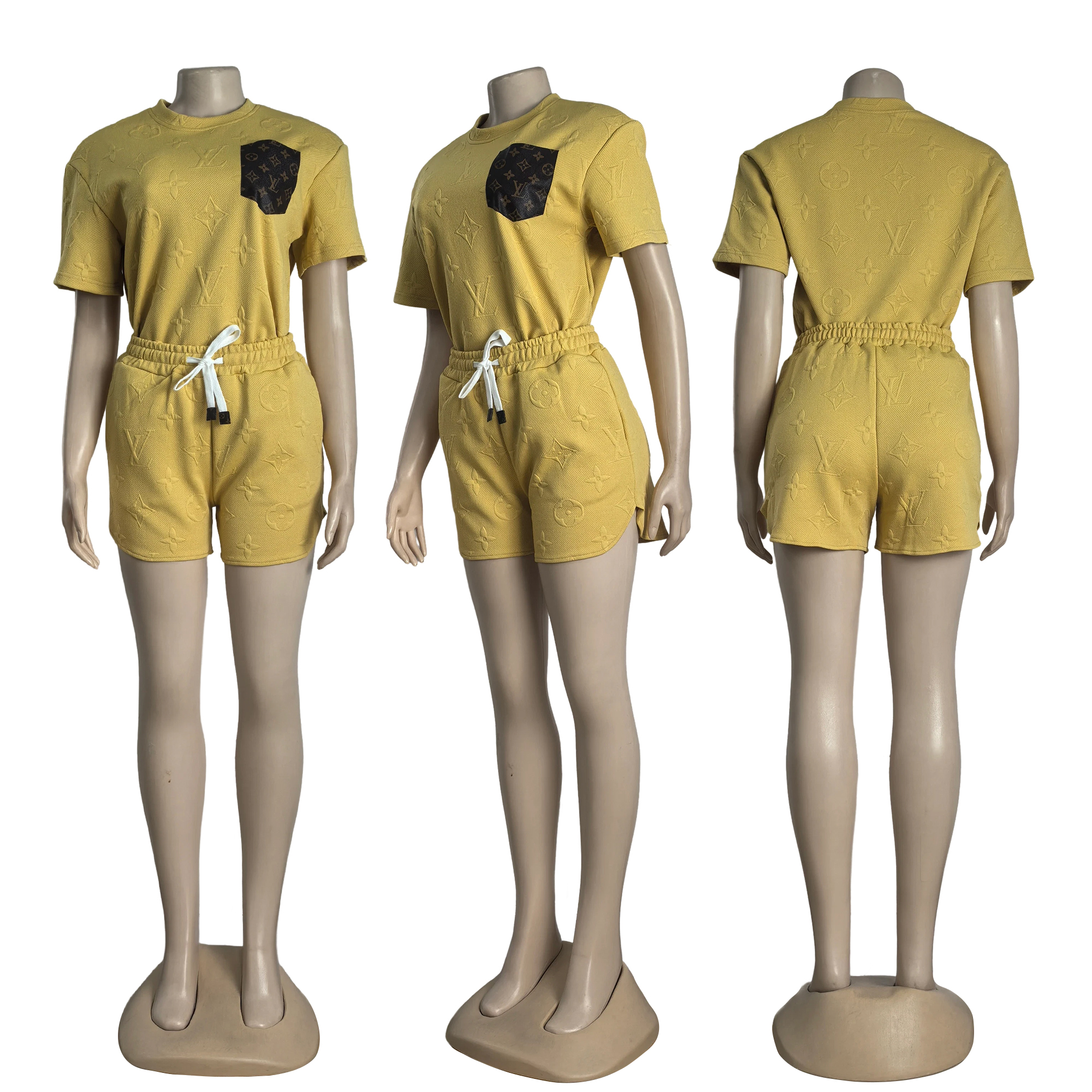 Women casual Pu-Leather pocket jacquard short-sleeved top and shorts sports two-piece set