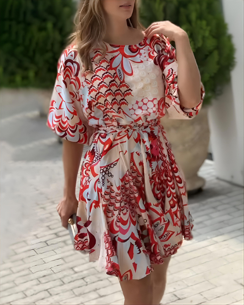 Women Red Abstract Geometric Pattern Puff Sleeve Lace-Up Bell Bottom Dress
