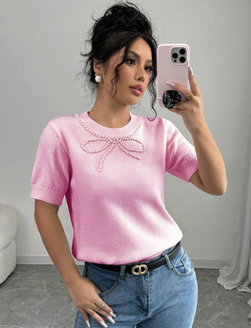 Women Solid Bow Beaded Top Short Sleeve T-shirt