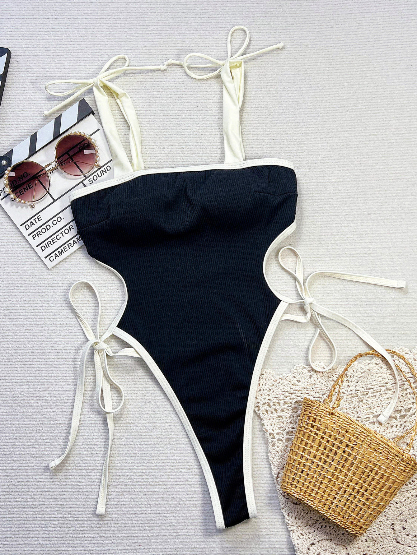 White & Black Contrast Strap Backless One-Piece Swimsuit