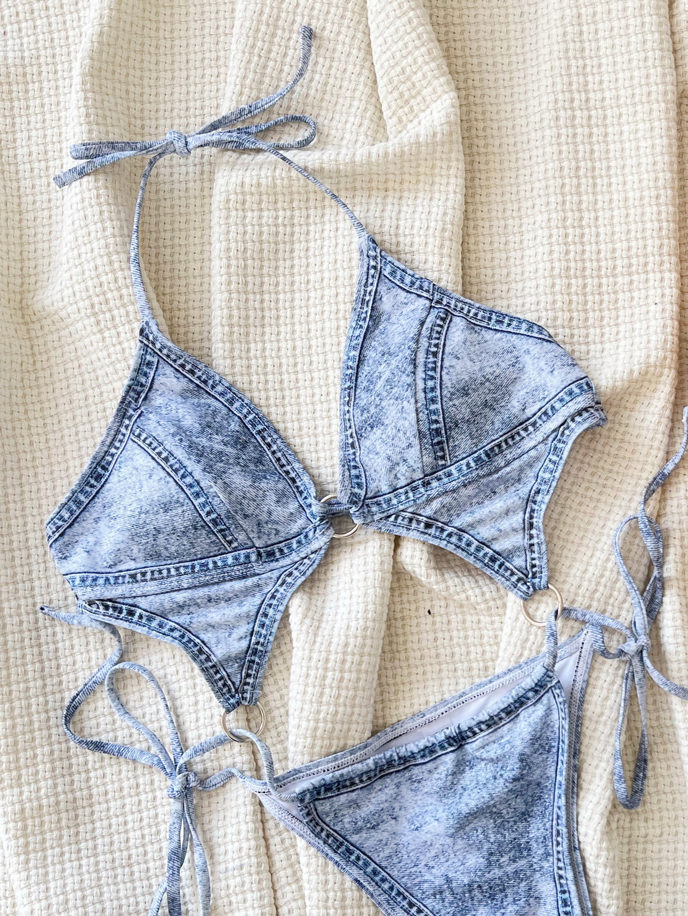 Women denim print one-piece Swimwear