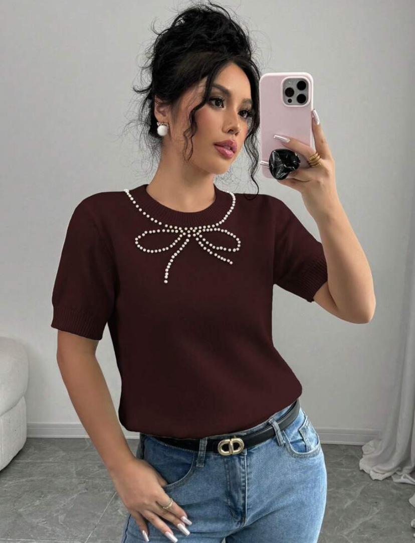 Women Solid Bow Beaded Top Short Sleeve T-shirt
