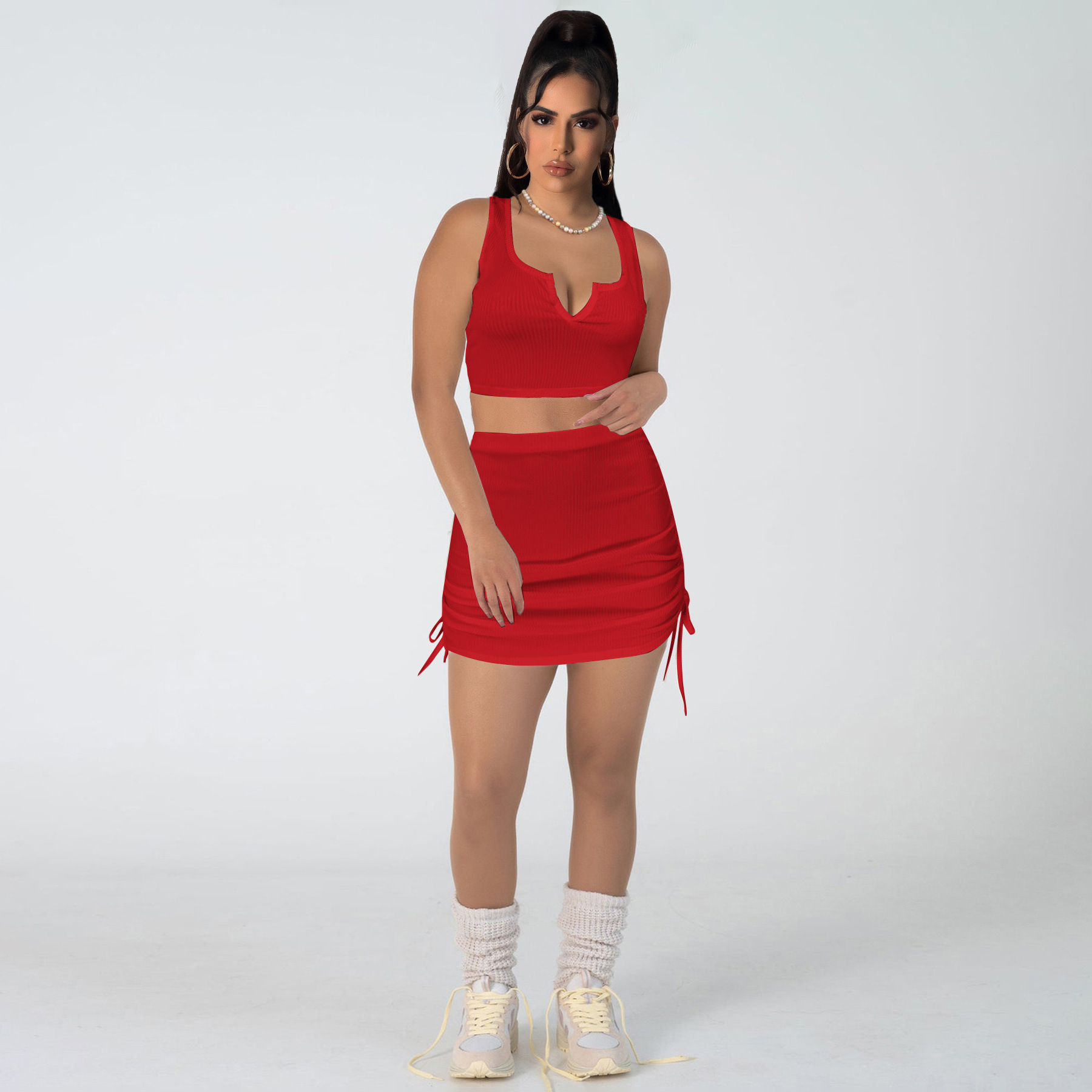 Women Stretch sexy v-neck Top and drawstring Solid Skirt two-piece set