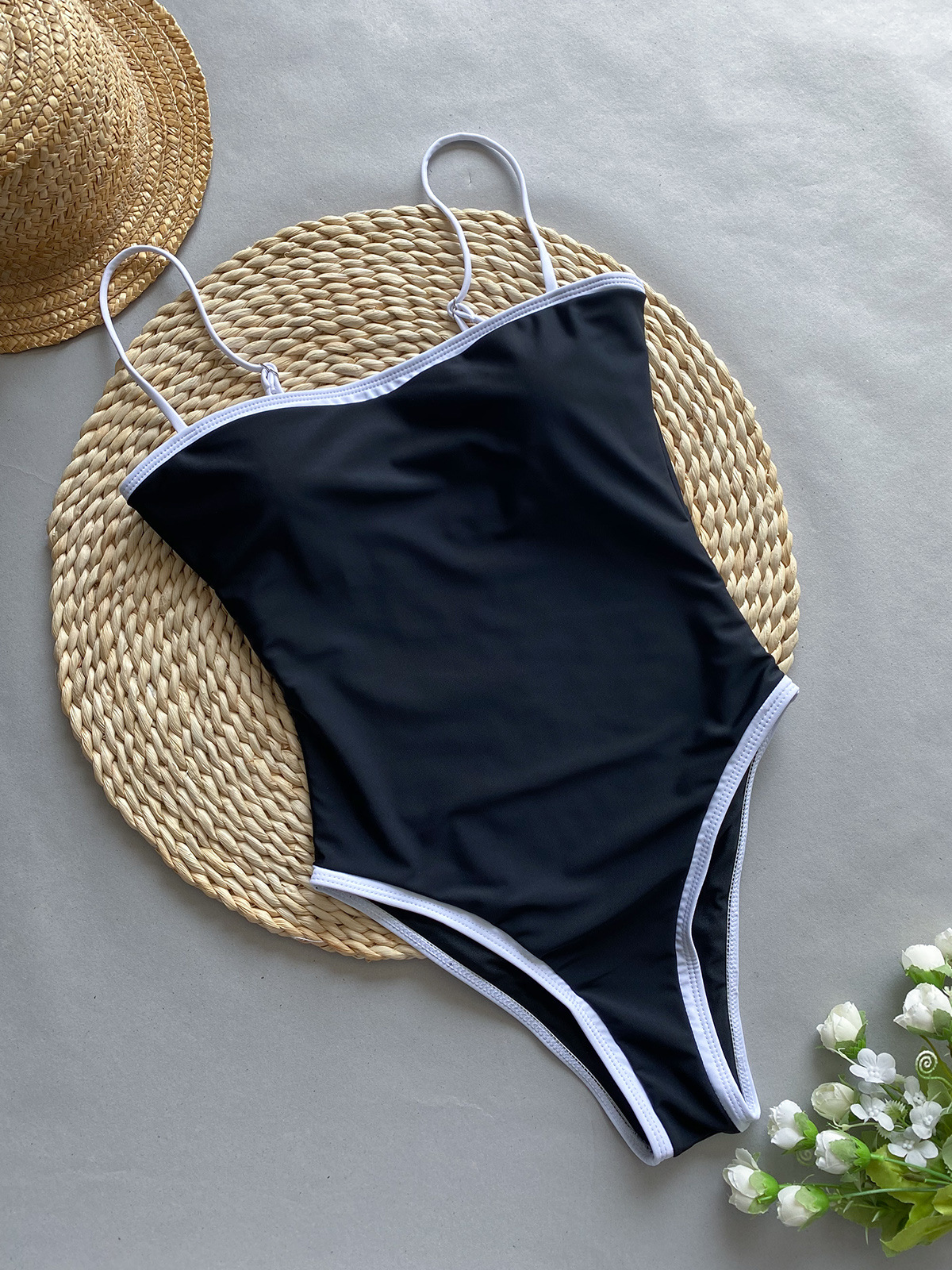 Women Contrast Color Strap One Piece Swimsuit