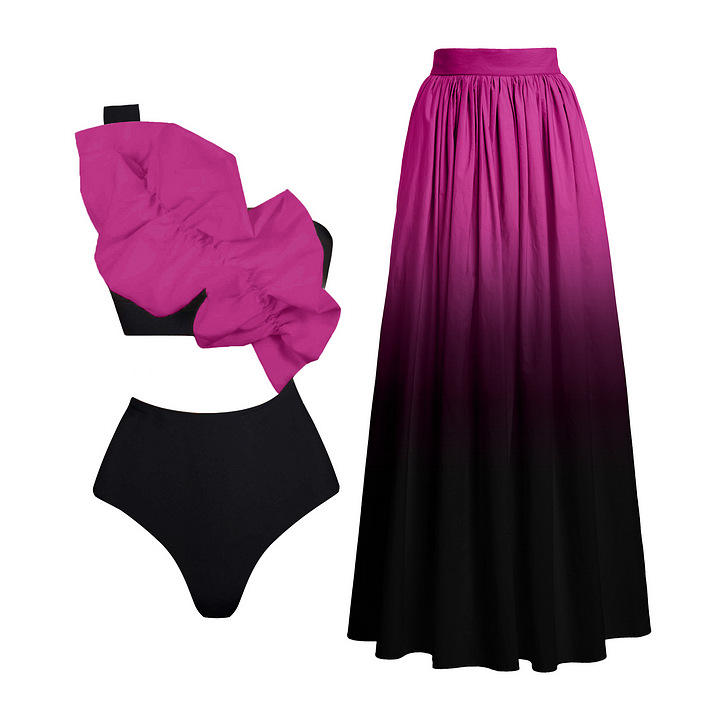 Deep V FloralOne-Piece Swimsuit SKirt Set