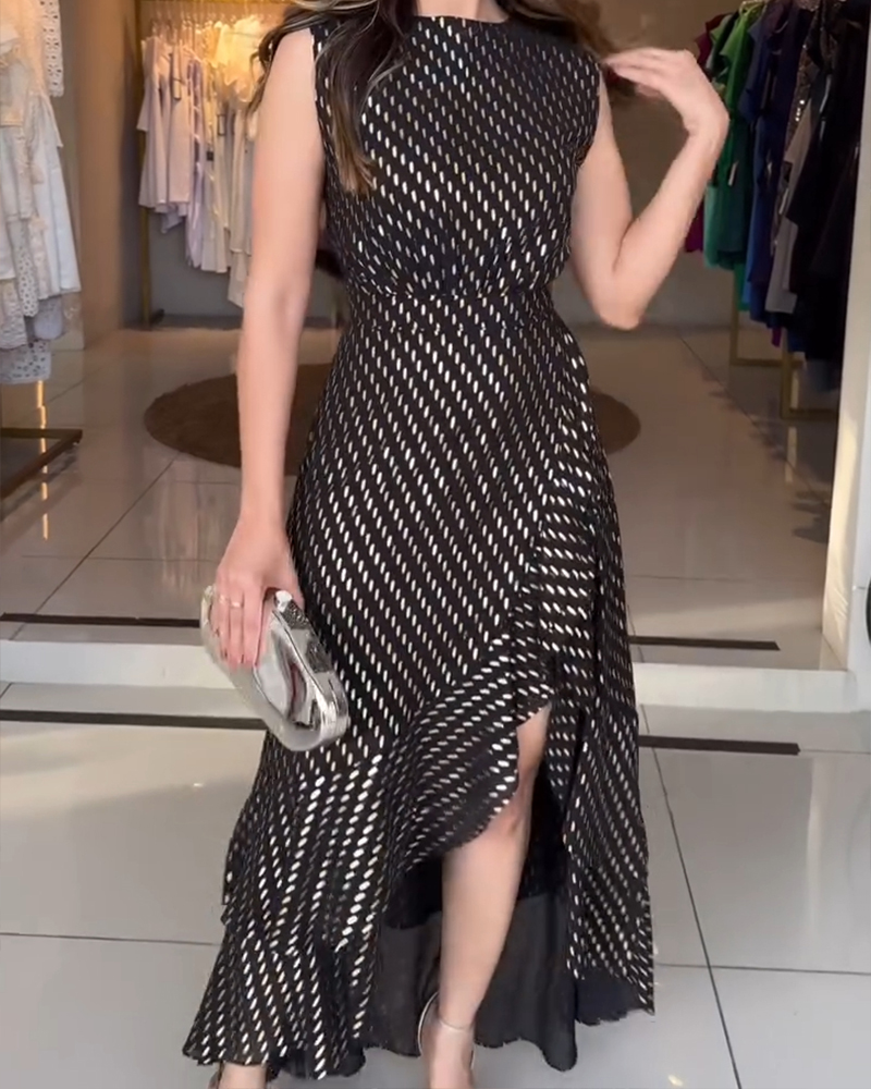 Women Sleeveless Irregular Ruffle Slit Maxi Dress