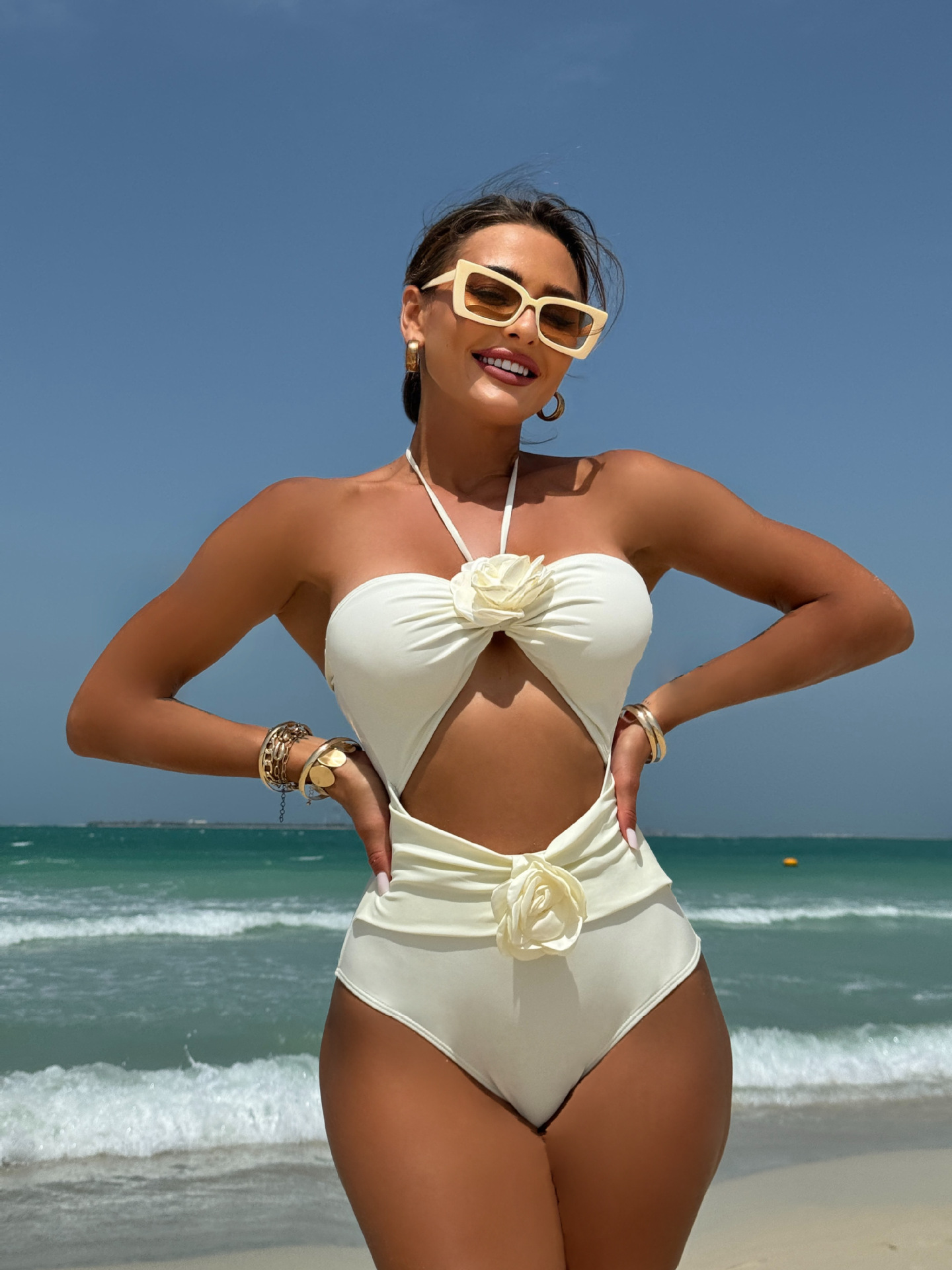 Women Drawstring Hollow Solid Rose Suspender One-Piece Swimwear