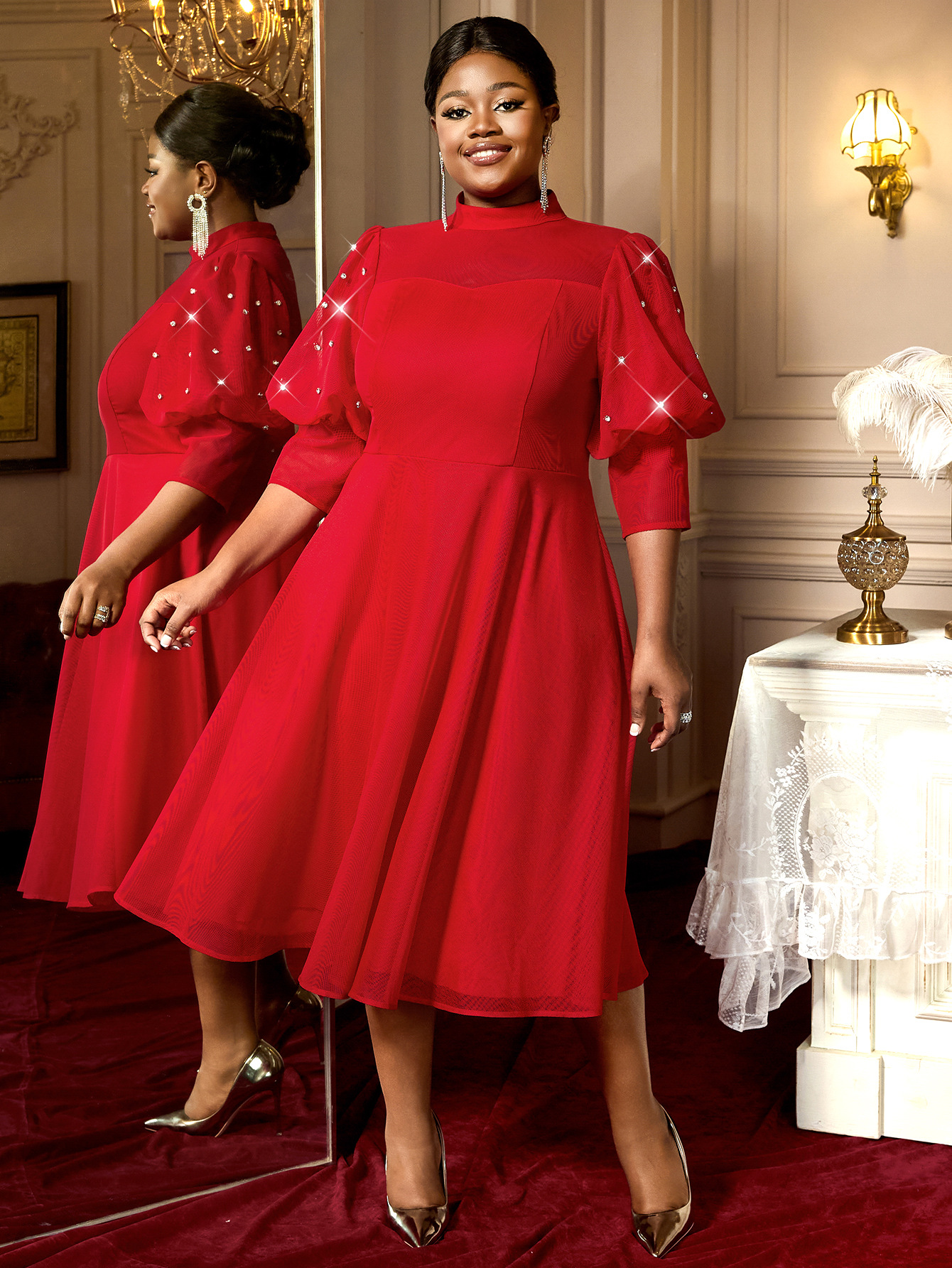 Plus Size Women Red Translucent Lantern Sleeve Half High Neck Elegant Dress