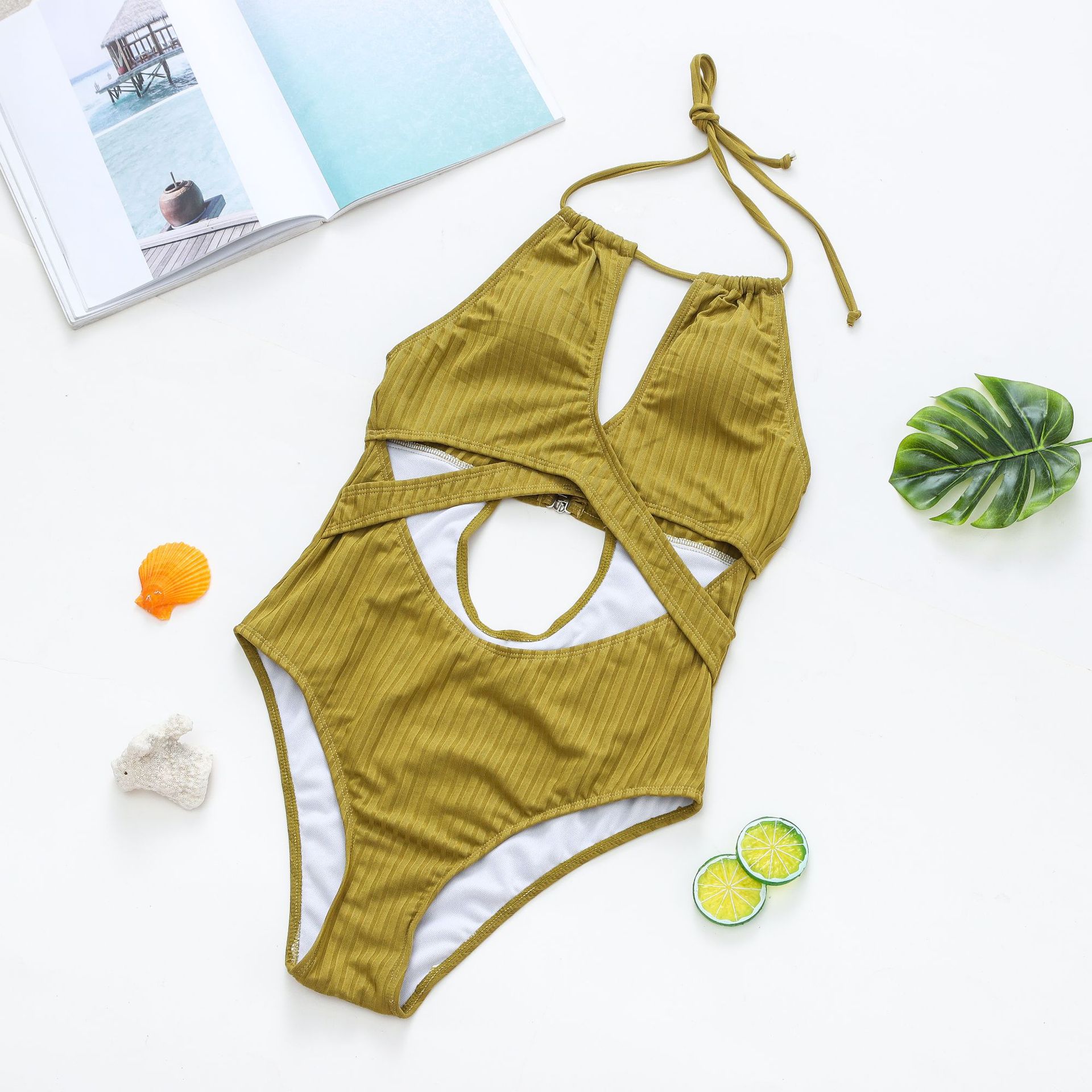 Women Solid One-piece Cross Strap Bikini Sexy Halter Neck Swimsuit