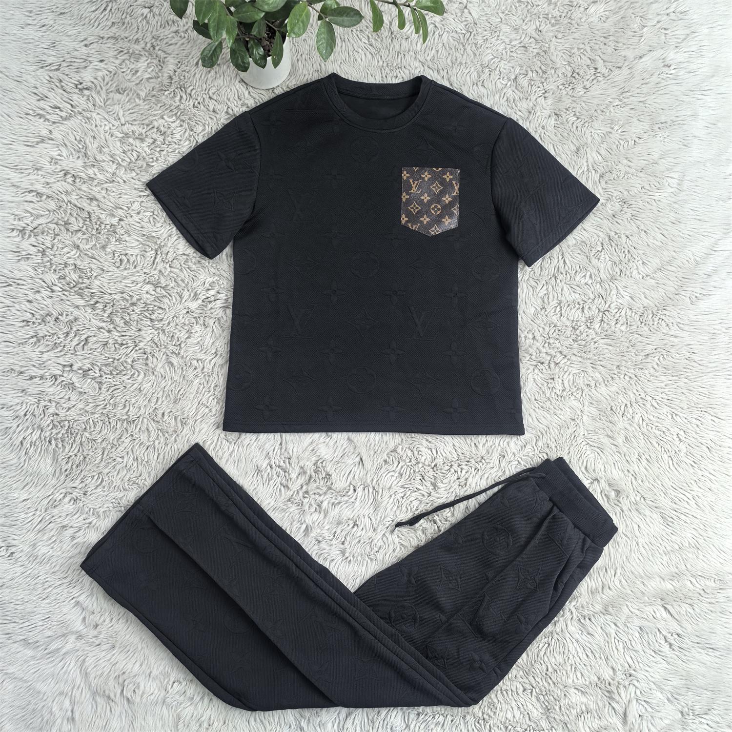 Women casual Pu-Leather pocket short-sleeved top and long pants jacquard two-piece set