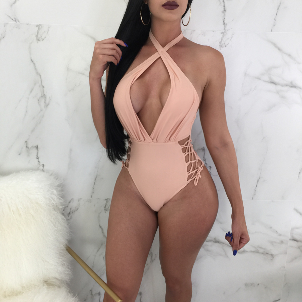 Women's Sexy Halter Neck Side Lace-up One-Piece Swimsuit
