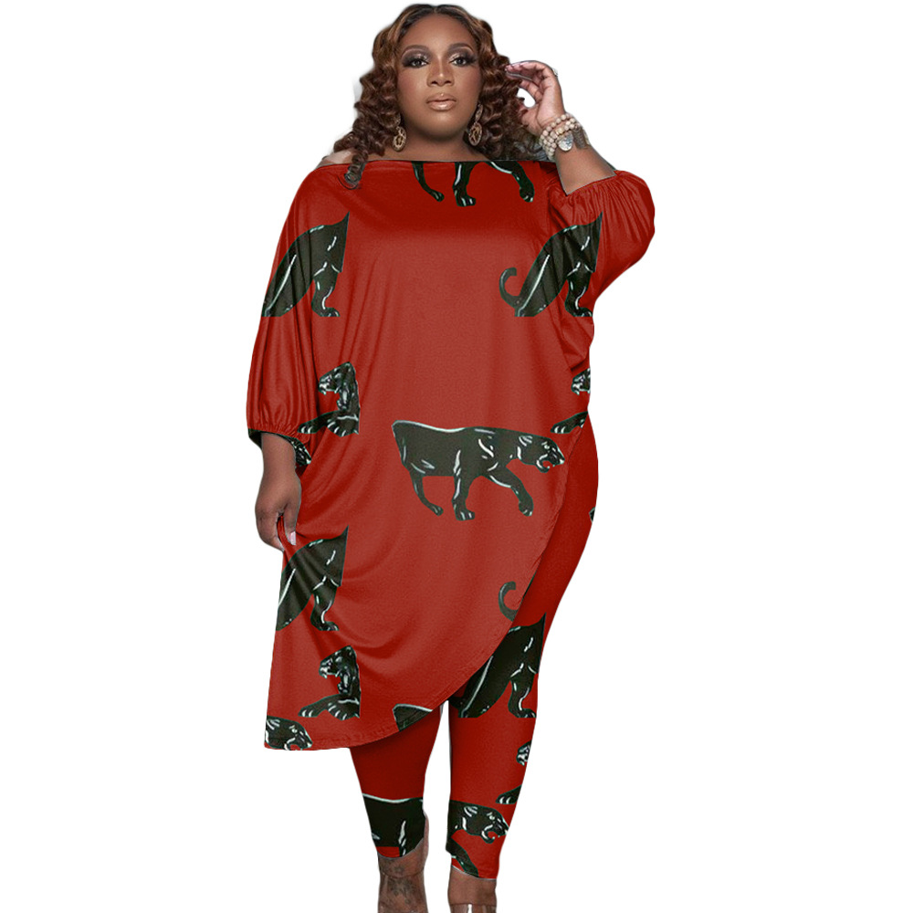 Plus Size Women Printed Slash Shoulder Top and Pants Two-piece Set