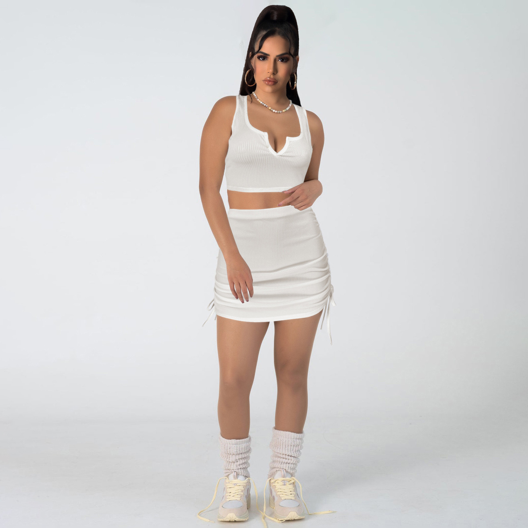 Women Stretch sexy v-neck Top and drawstring Solid Skirt two-piece set