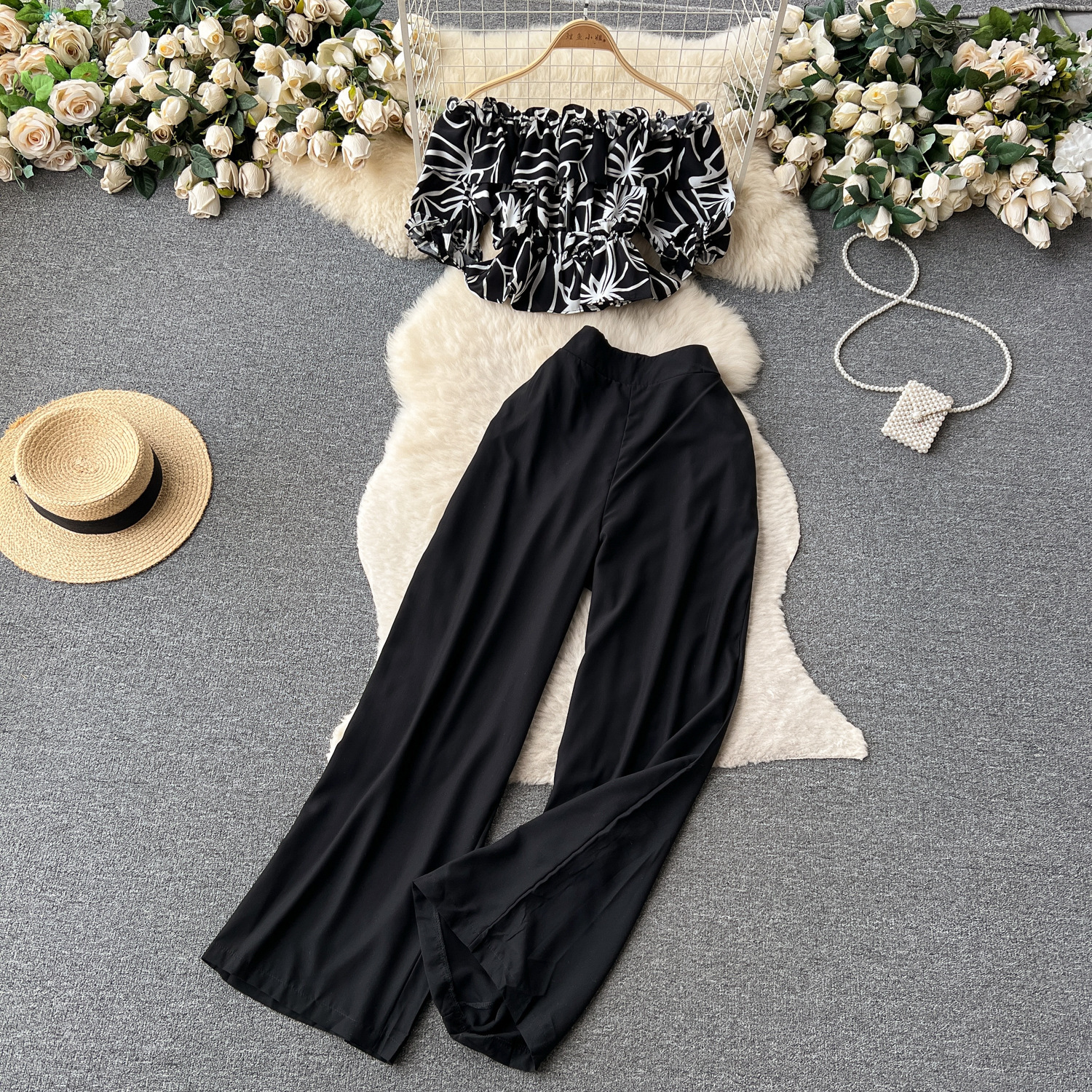 Women French Off Shoulder Ruffled Floral Blouse and Wide Leg Pants Two-Piece Set