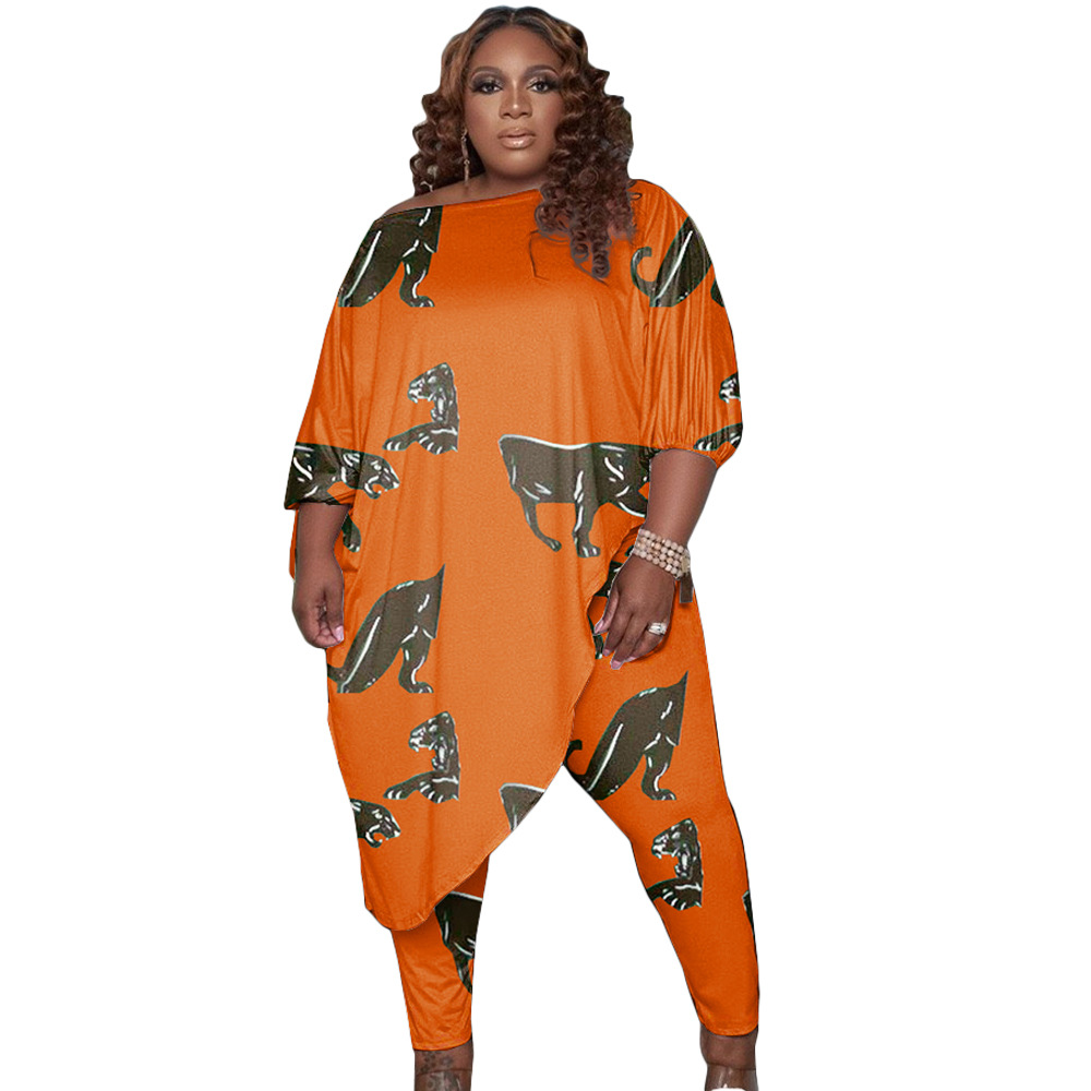 Plus Size Women Printed Slash Shoulder Top and Pants Two-piece Set