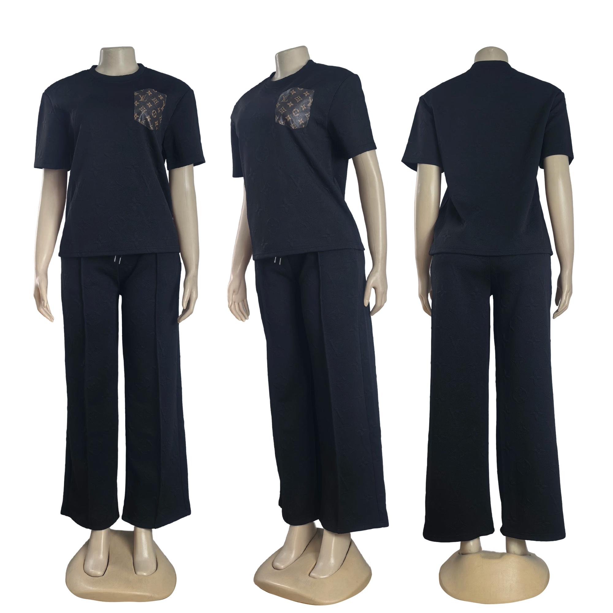 Women casual Pu-Leather pocket short-sleeved top and long pants jacquard two-piece set