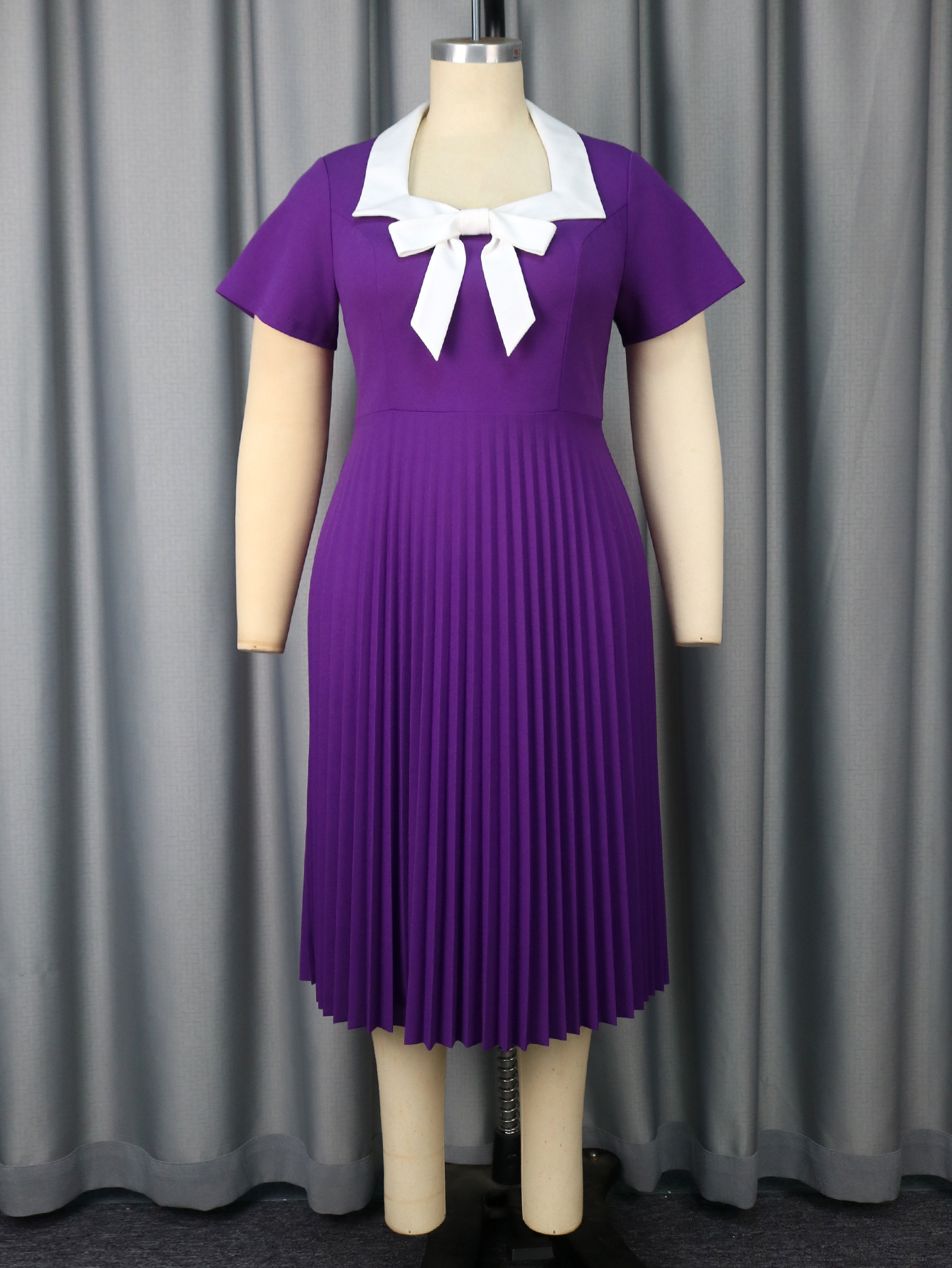 Plus Size Women Elegant Purple Pleated White Bow Square Neck Dress
