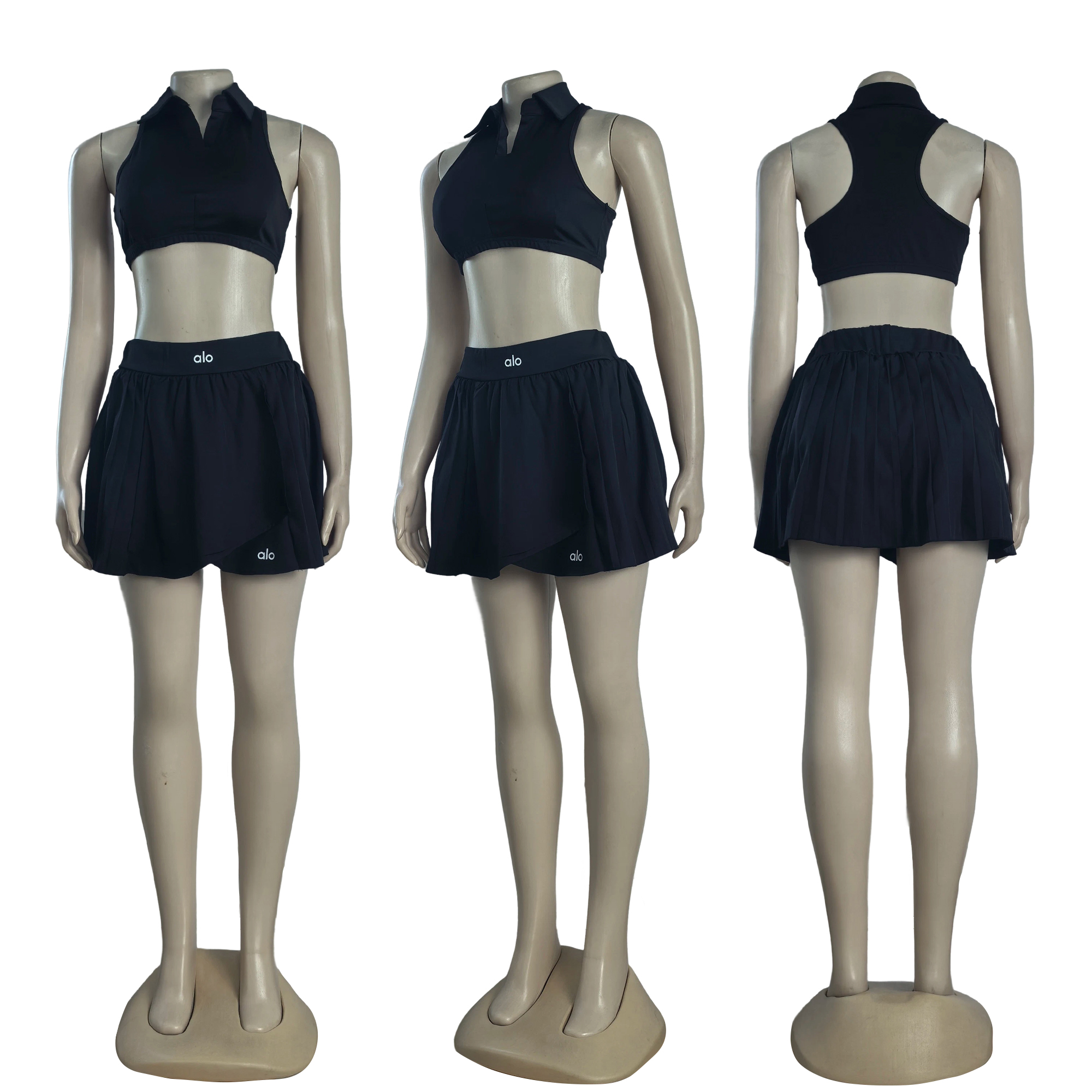 Women summer sports sleeveless v-neck and pleated Skirt two-piece set