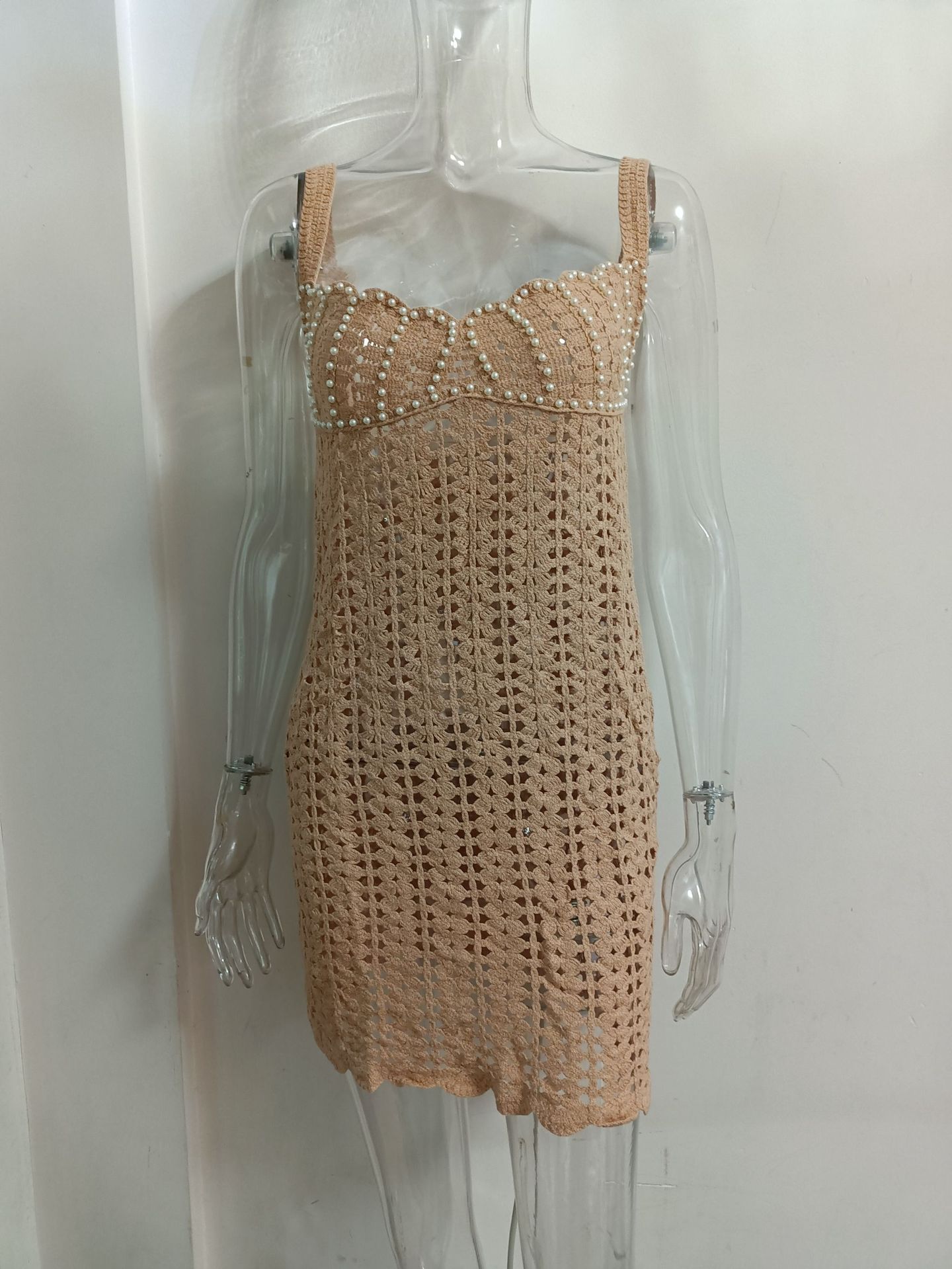 Women knitting v-neck pearl hollow Strap Dress