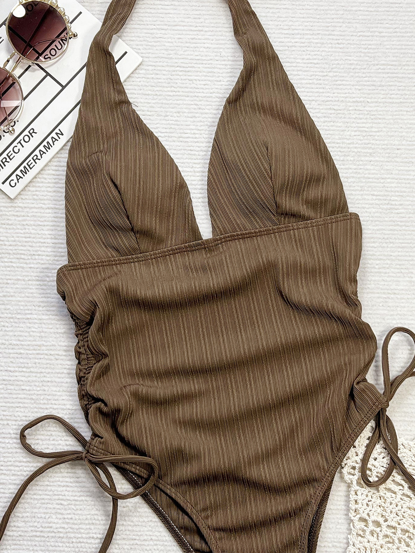 Deep V Hollow Pleated One-piece Swimsuit