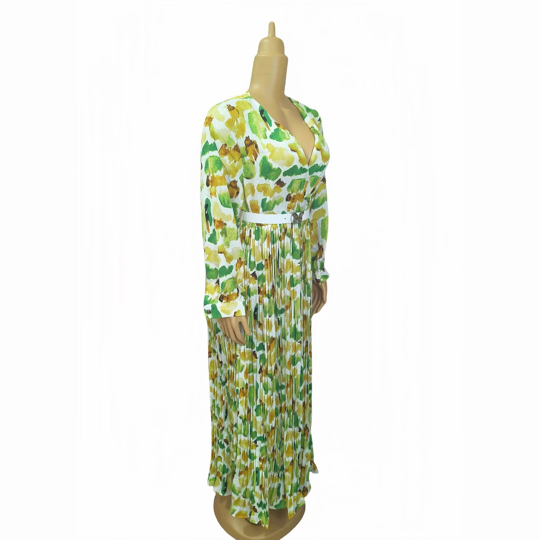 African Women Printed V-Neck Long Sleeve Maxi Dress with Belt
