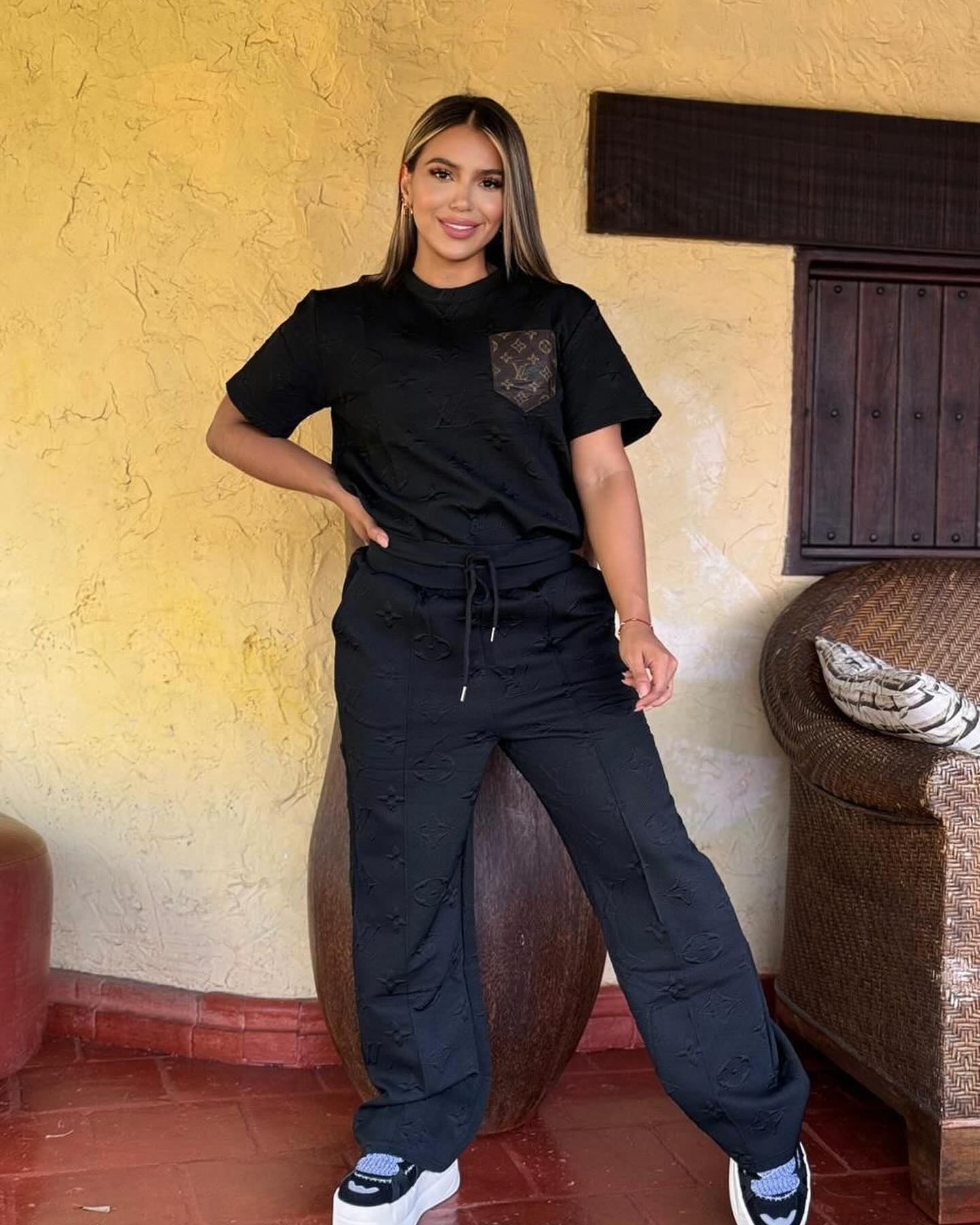 Women casual Pu-Leather pocket short-sleeved top and long pants jacquard two-piece set