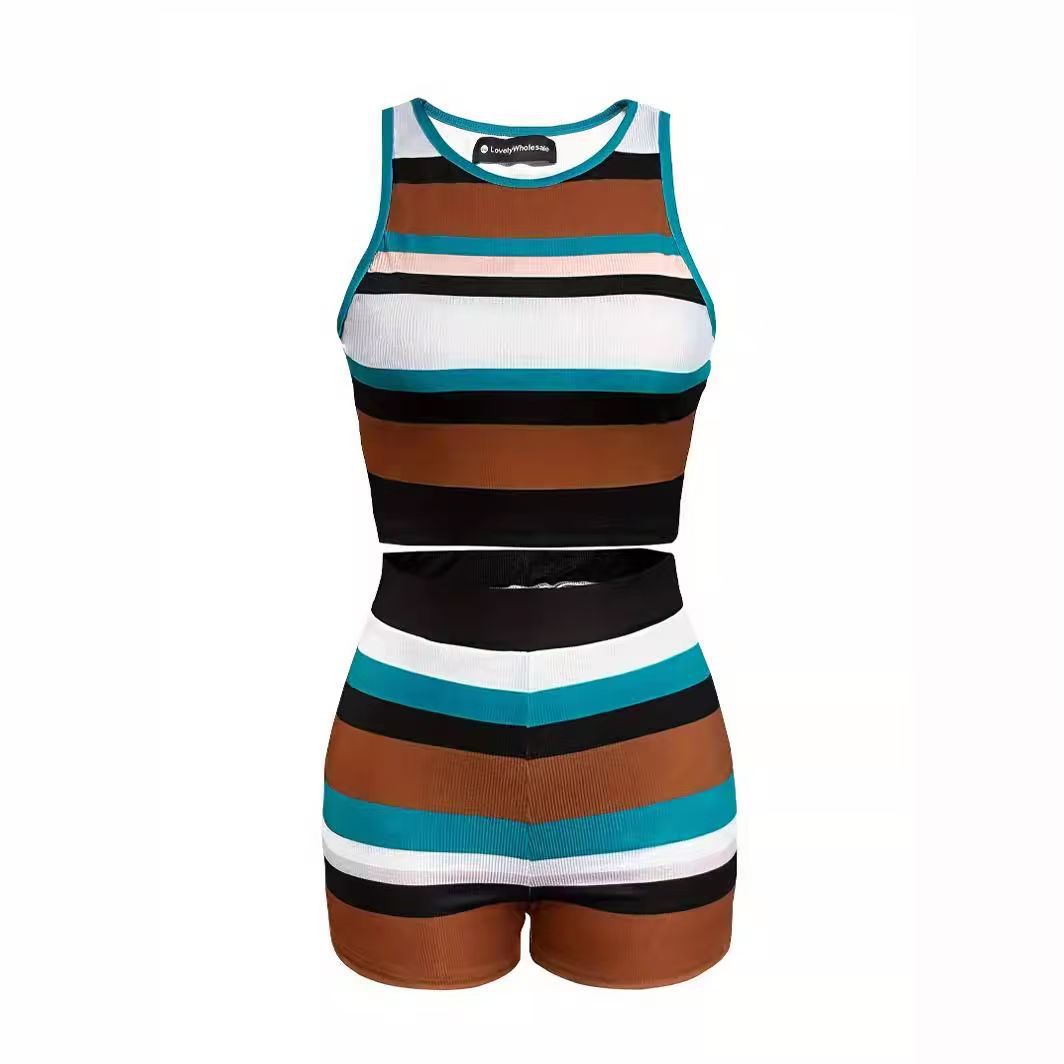 Women spring and autumn knitting striped vest and shorts two-piece set