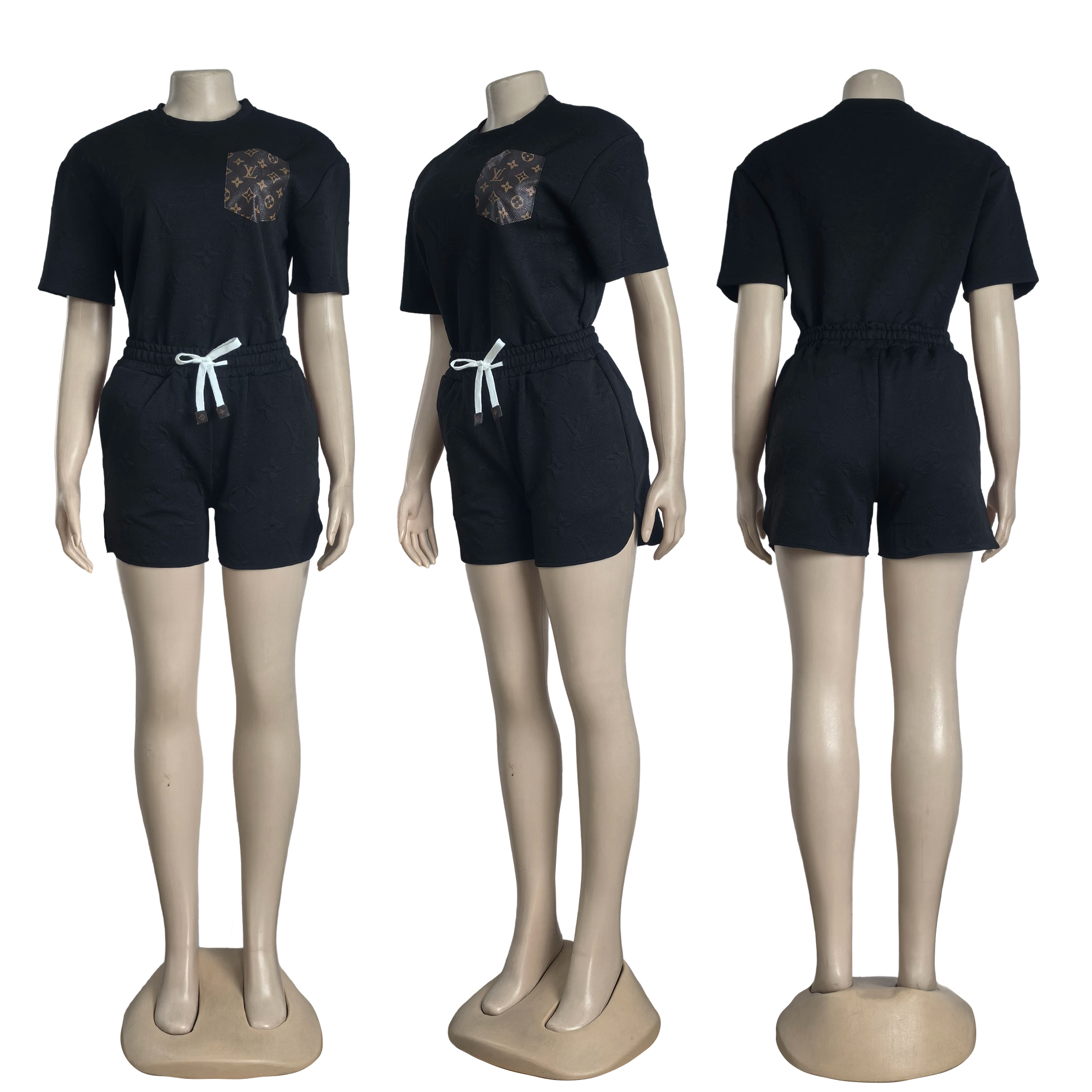 Women casual Pu-Leather pocket jacquard short-sleeved top and shorts sports two-piece set
