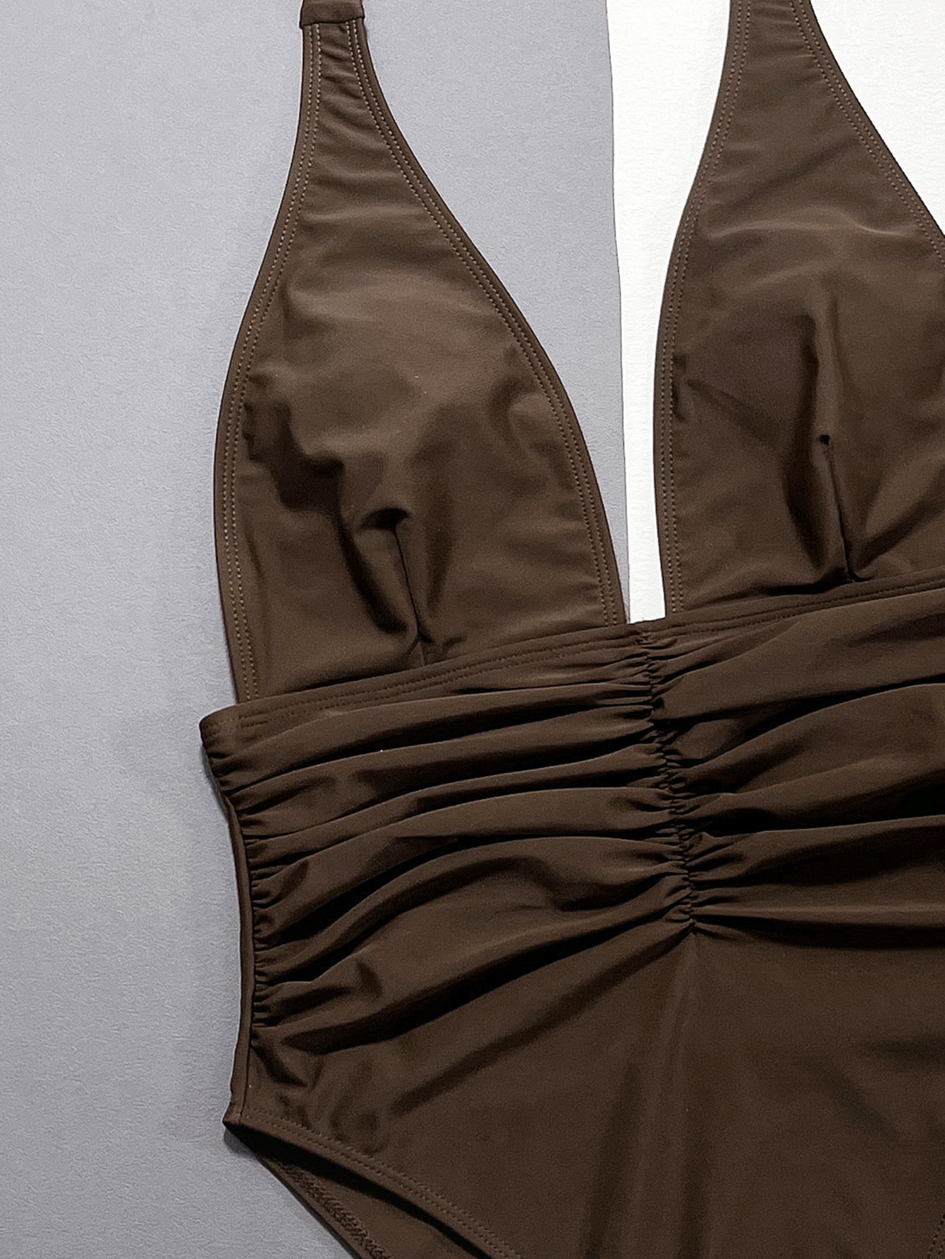 Sexy Brown Deep V Neck One Piece Swimsuit