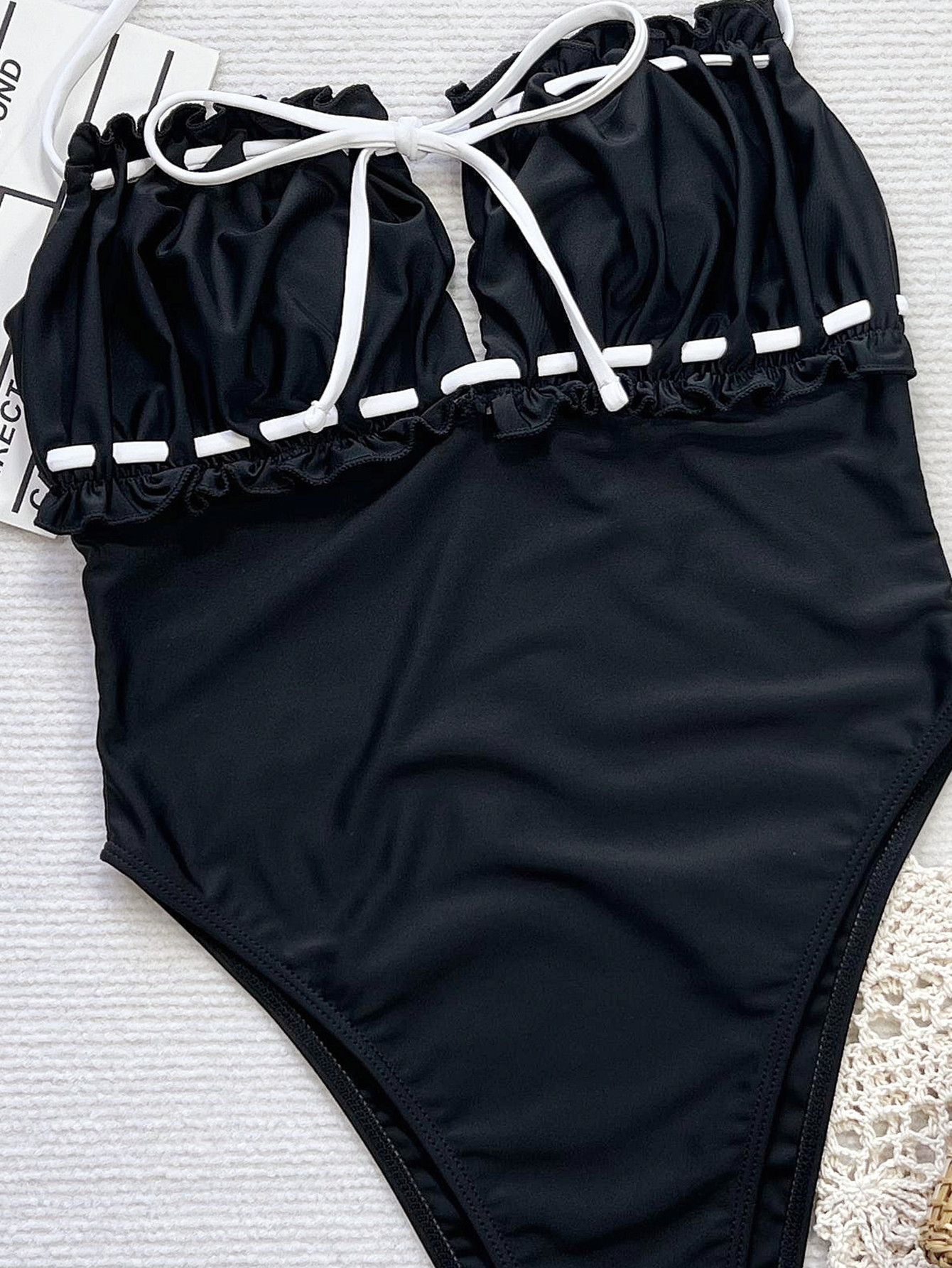 Women bikini bikini white and black contrast Strapless Lace-Up one-piece swimsuit