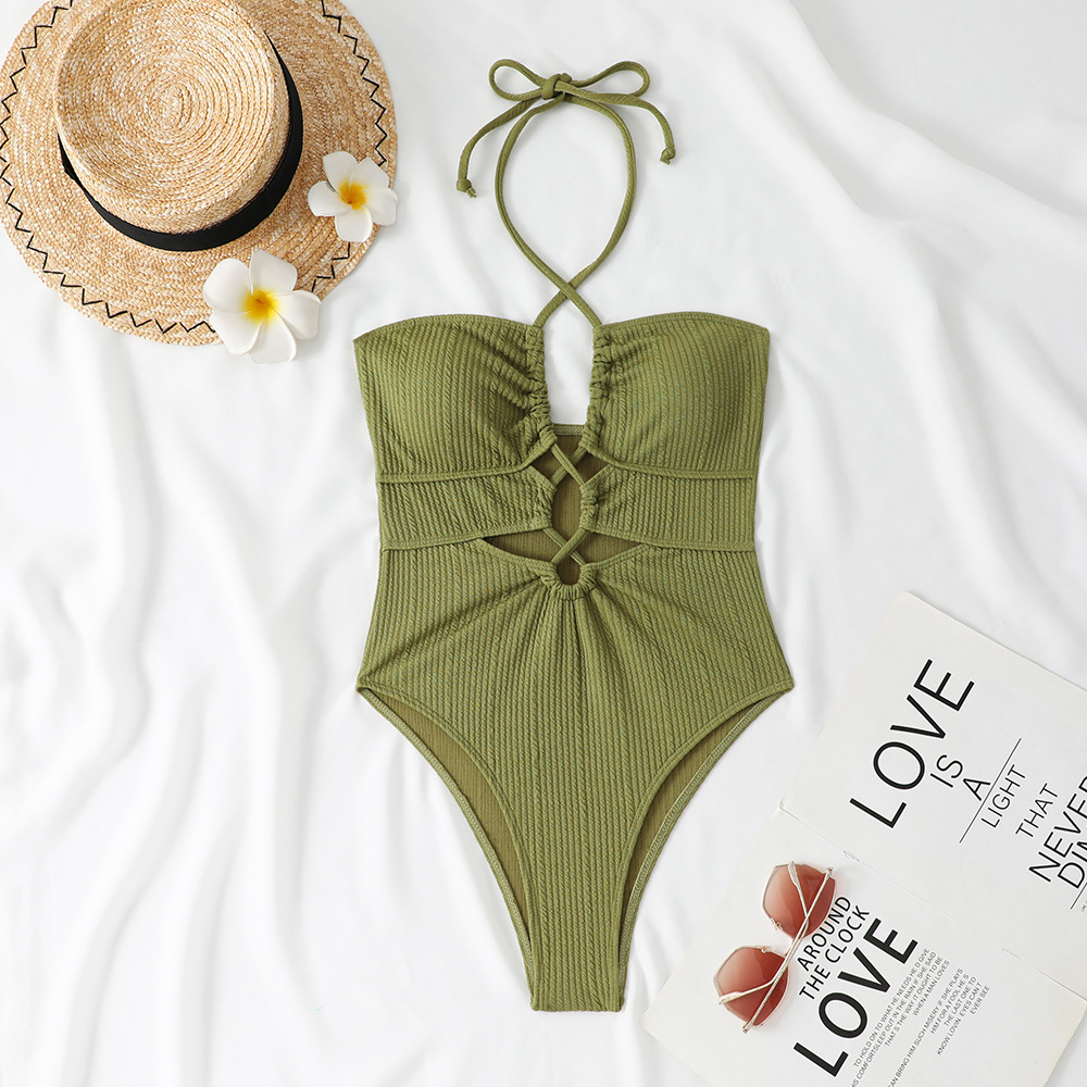 Ribbed Solid Color One-Piece Lace-Up Low Back Sexy Swimsuit