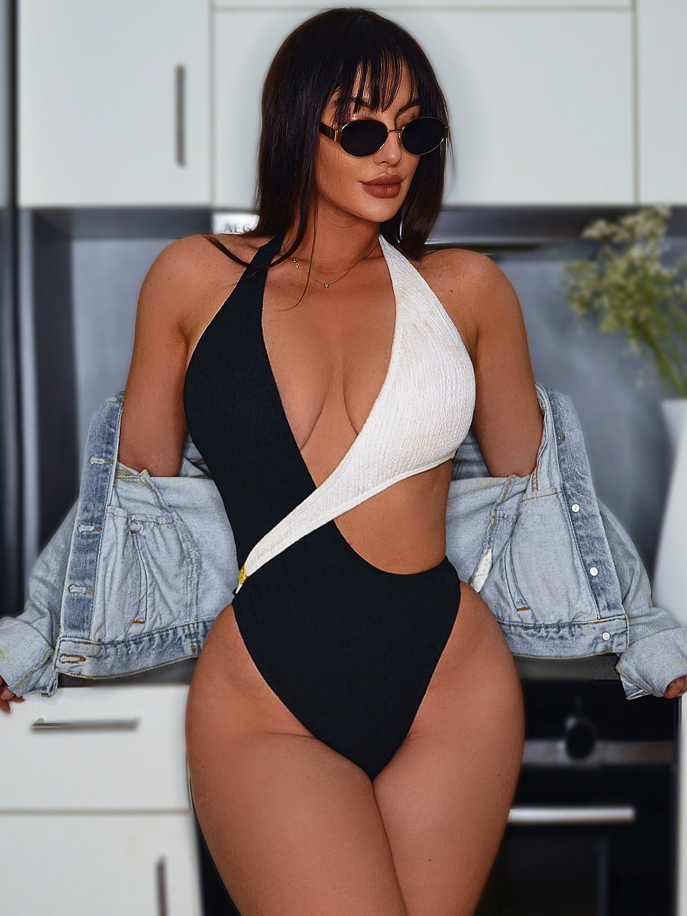 Bikini White Black Contrast Hollow Lace-Up One-piece Swimsuit