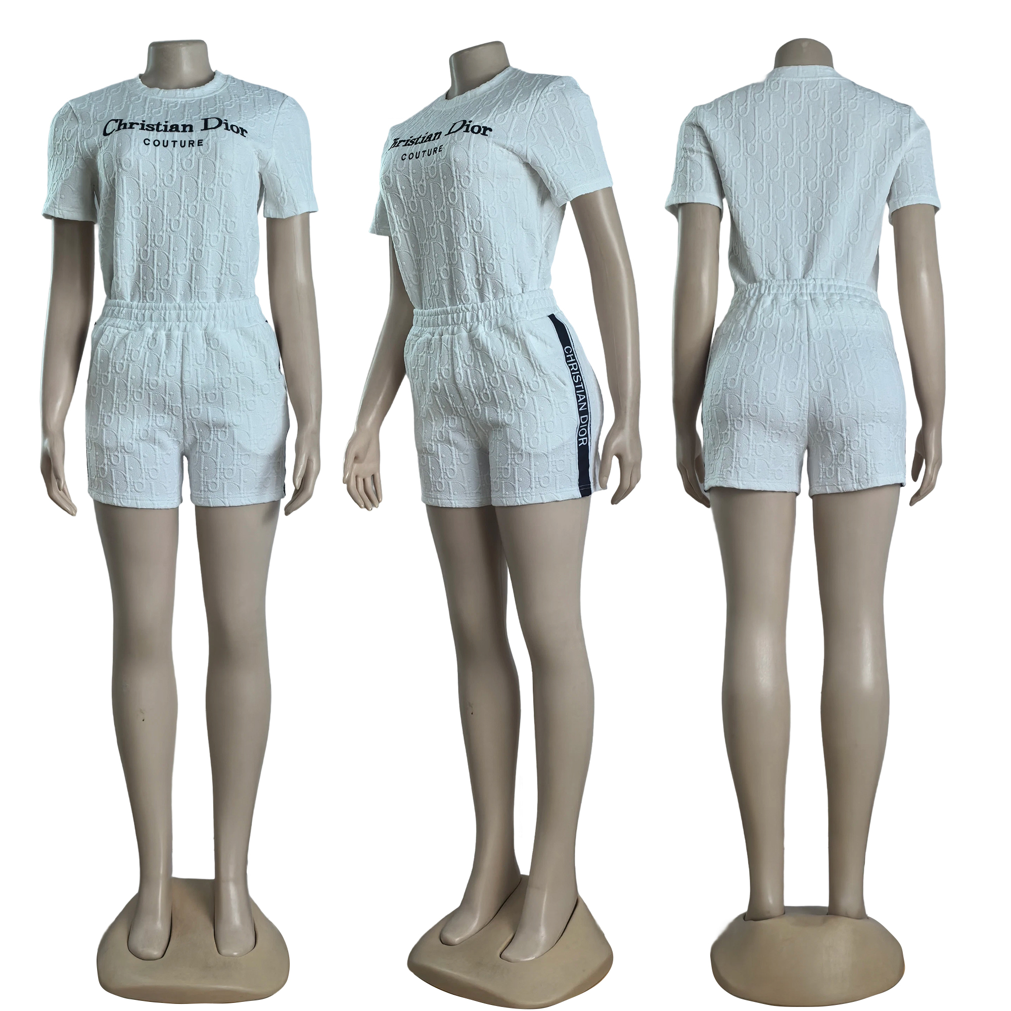 Women Embroidered short-sleeved top and shorts jacquard two-piece set