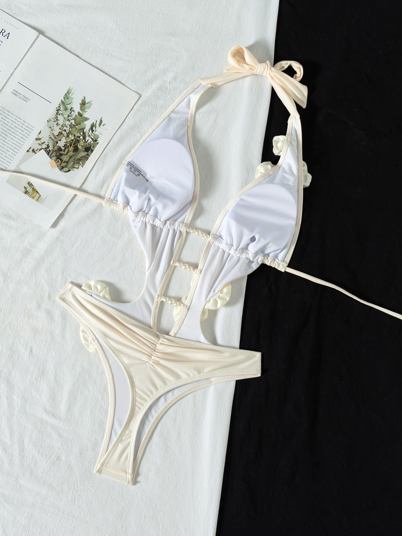 Women Solid Lace Pearl Flower Decoration Beach Sexy One-Piece Swimwear
