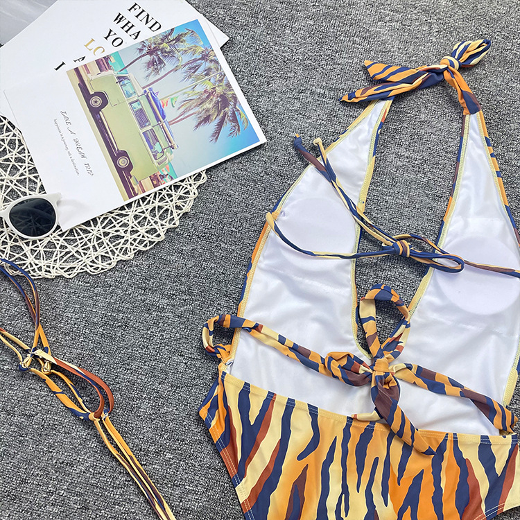Sexy Hollow Halter Neck Tiger Print Lace-Up One-Piece Swimsuit