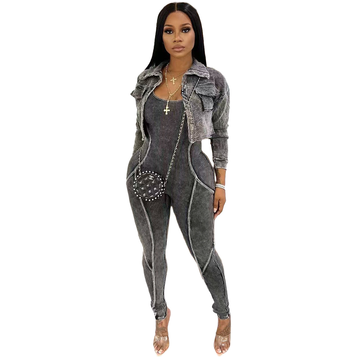 Fashion Women's Solid Color Tight Slim Jumpsuit Coat Casual Two-Piece Set