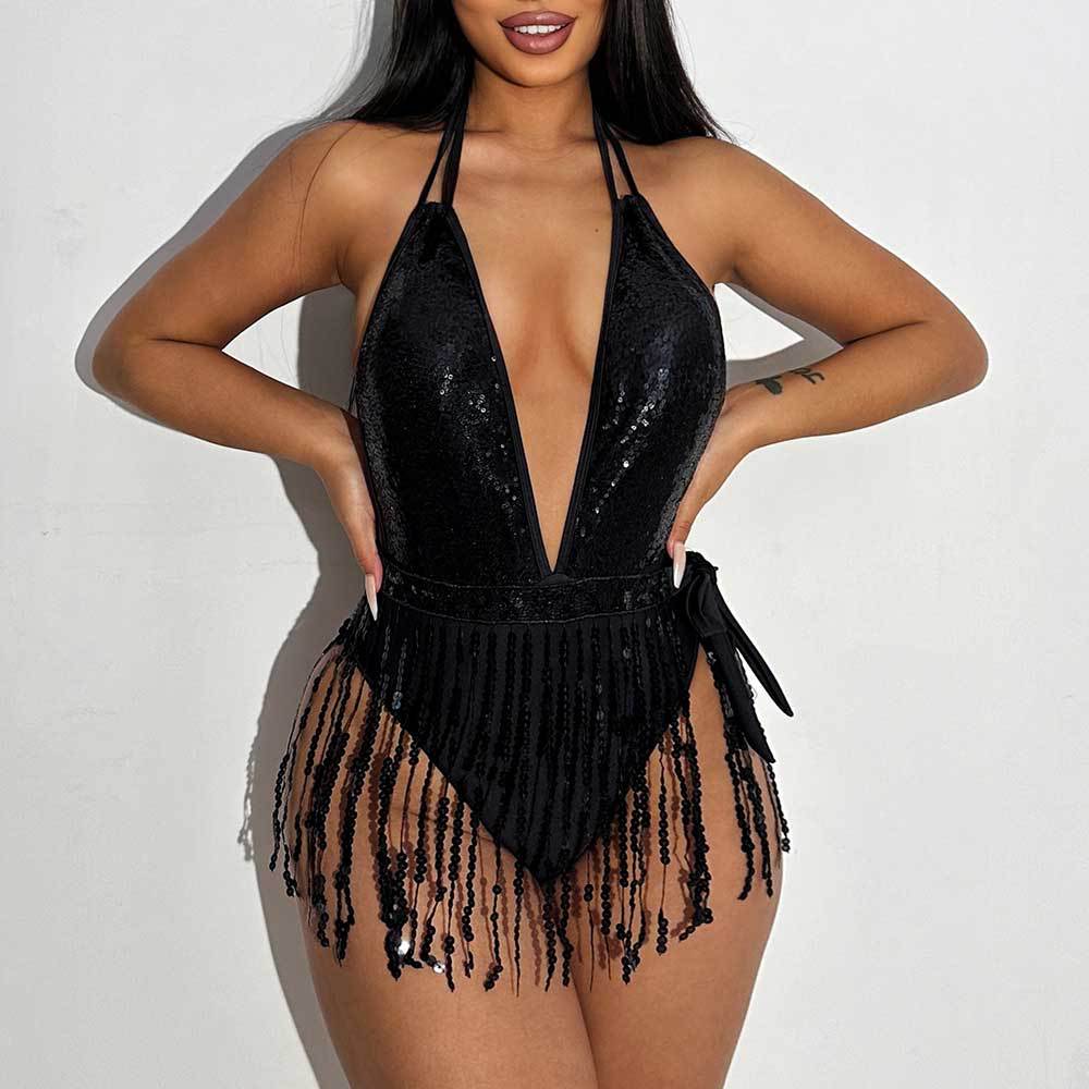Women Sexy Tassel Bikini Backless One-piece Swimwear