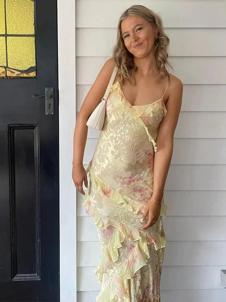 Women Printed Sexy Suspender Backless Lace-up Irregular Dress