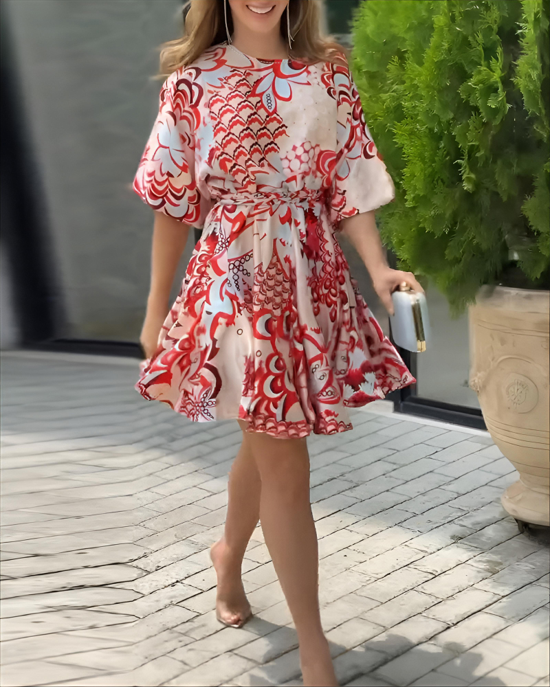 Women Red Abstract Geometric Pattern Puff Sleeve Lace-Up Bell Bottom Dress
