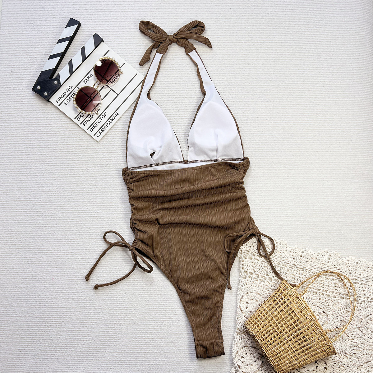 Deep V Hollow Pleated One-piece Swimsuit