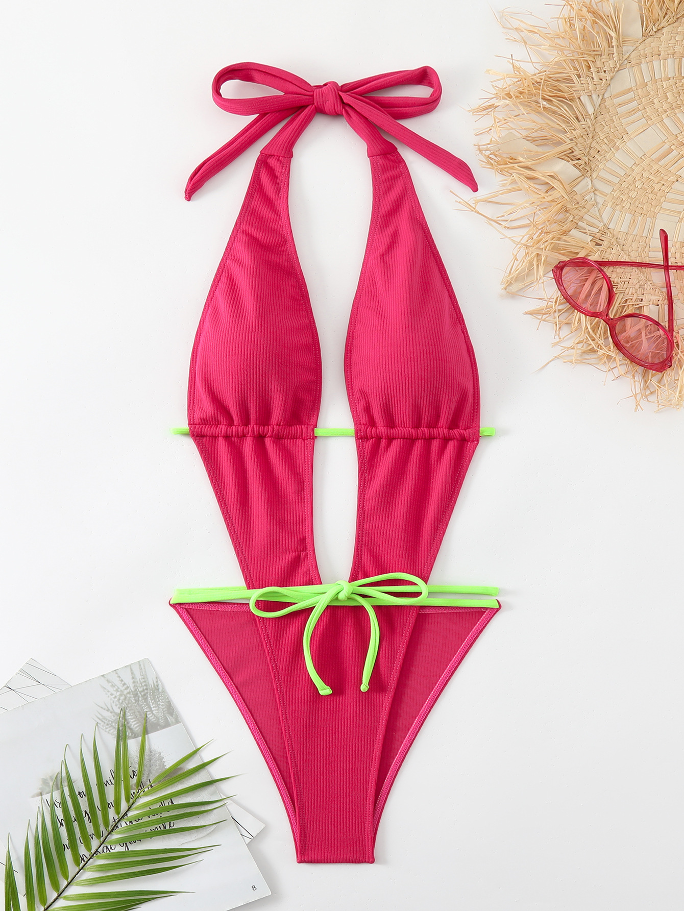 Women's Halter Deep V Neck One Piece Lace-Up Swimsuit