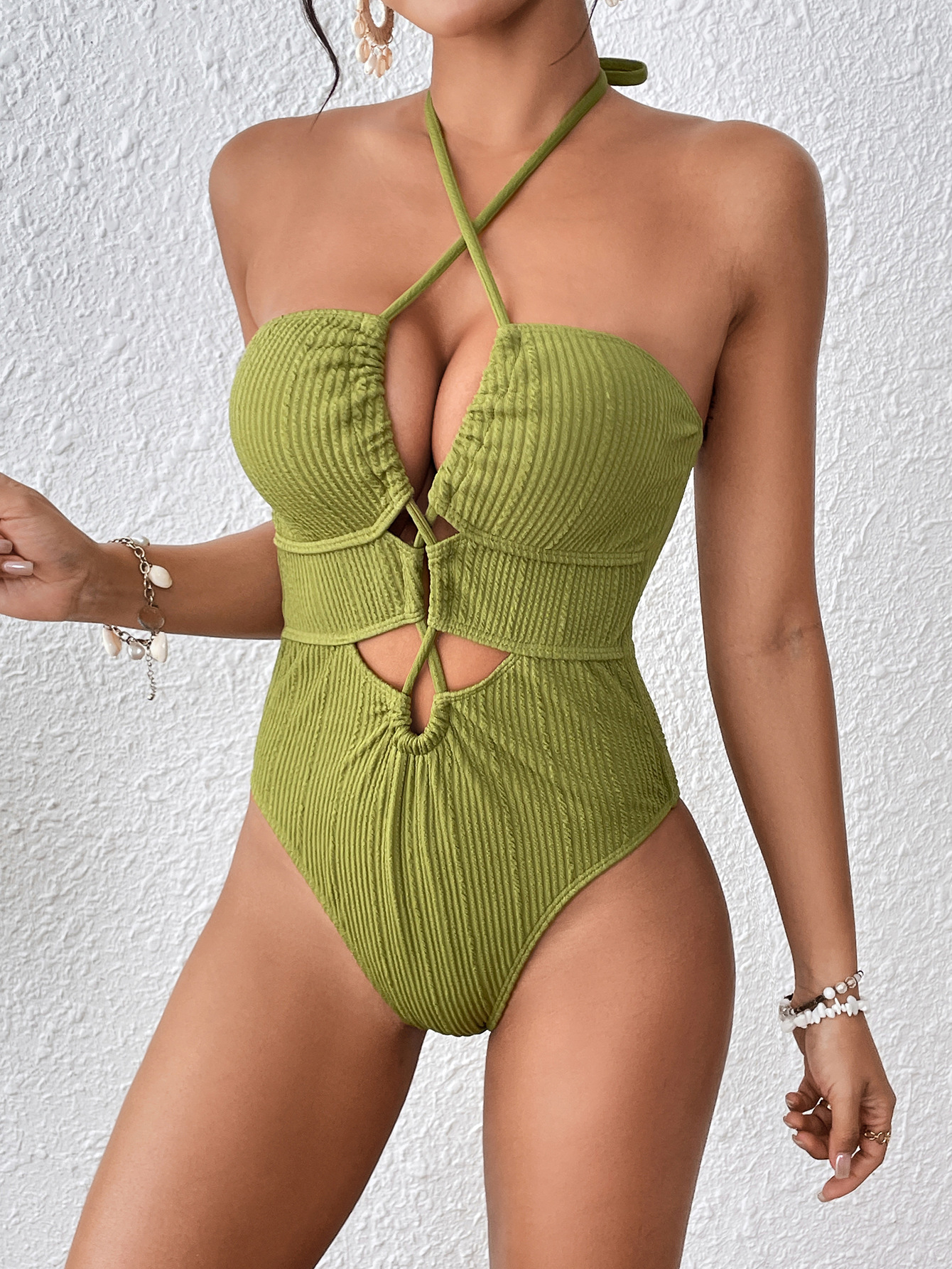 Ribbed Solid Color One-Piece Lace-Up Low Back Sexy Swimsuit