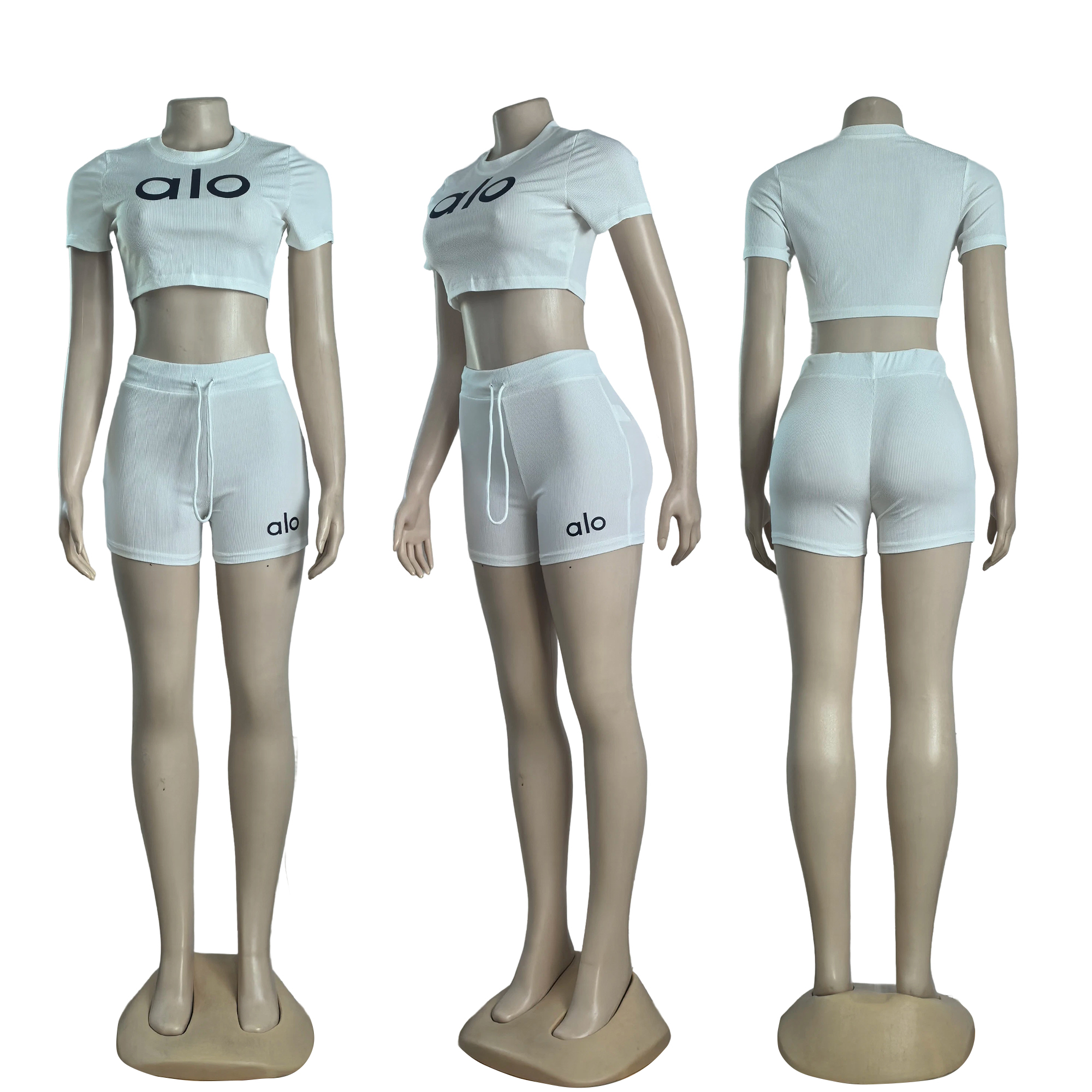 Women summer Stretch Round Neck short-sleeved top and shorts two-piece set