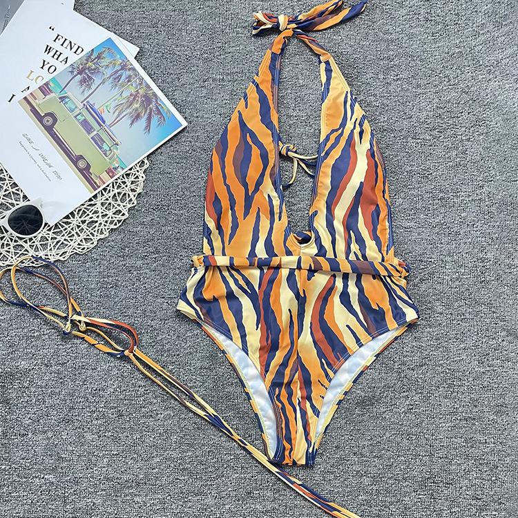 Sexy Hollow Halter Neck Tiger Print Lace-Up One-Piece Swimsuit